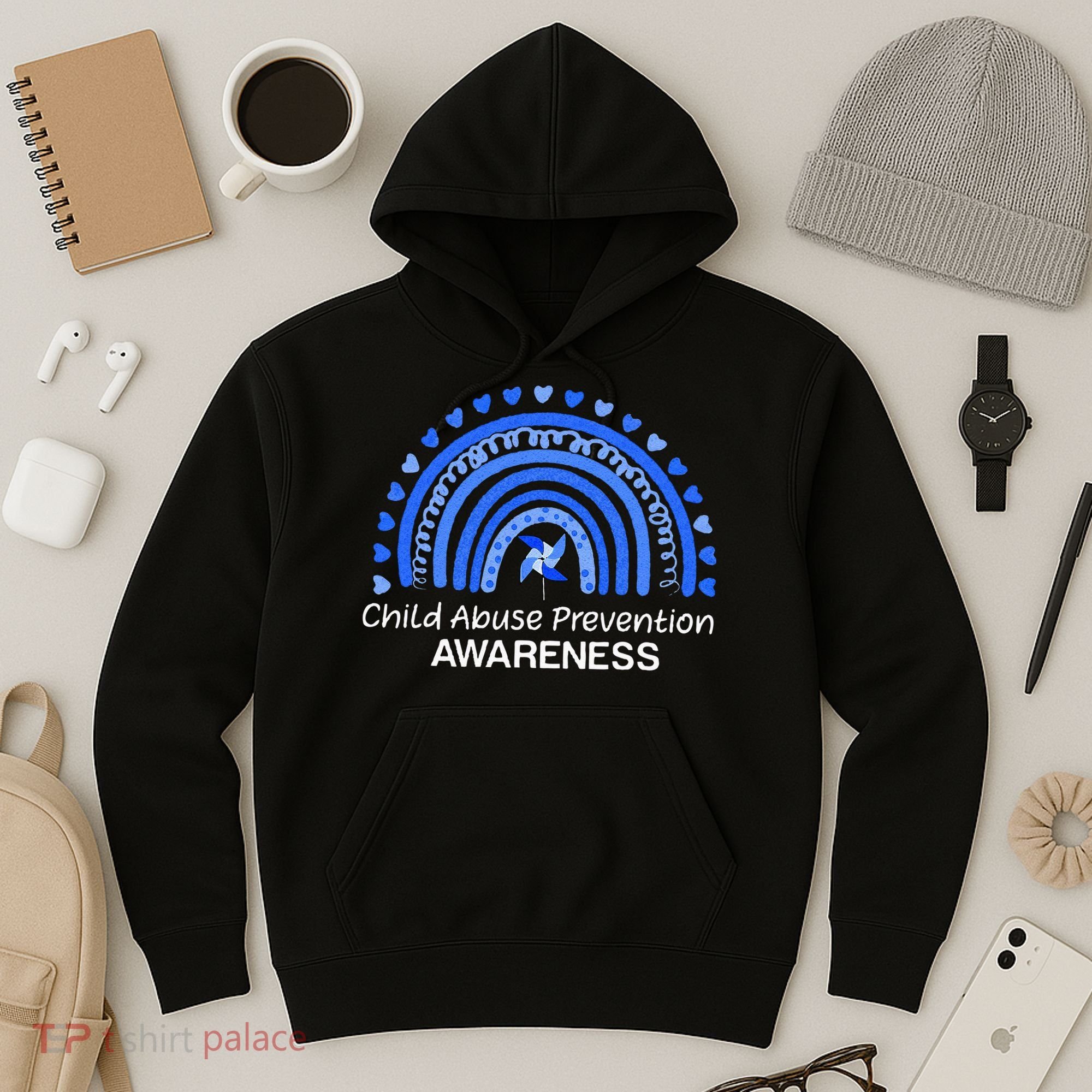 Child Abuse Prevention Awareness Blue Boho Rainbow Pinwheel Hoodie