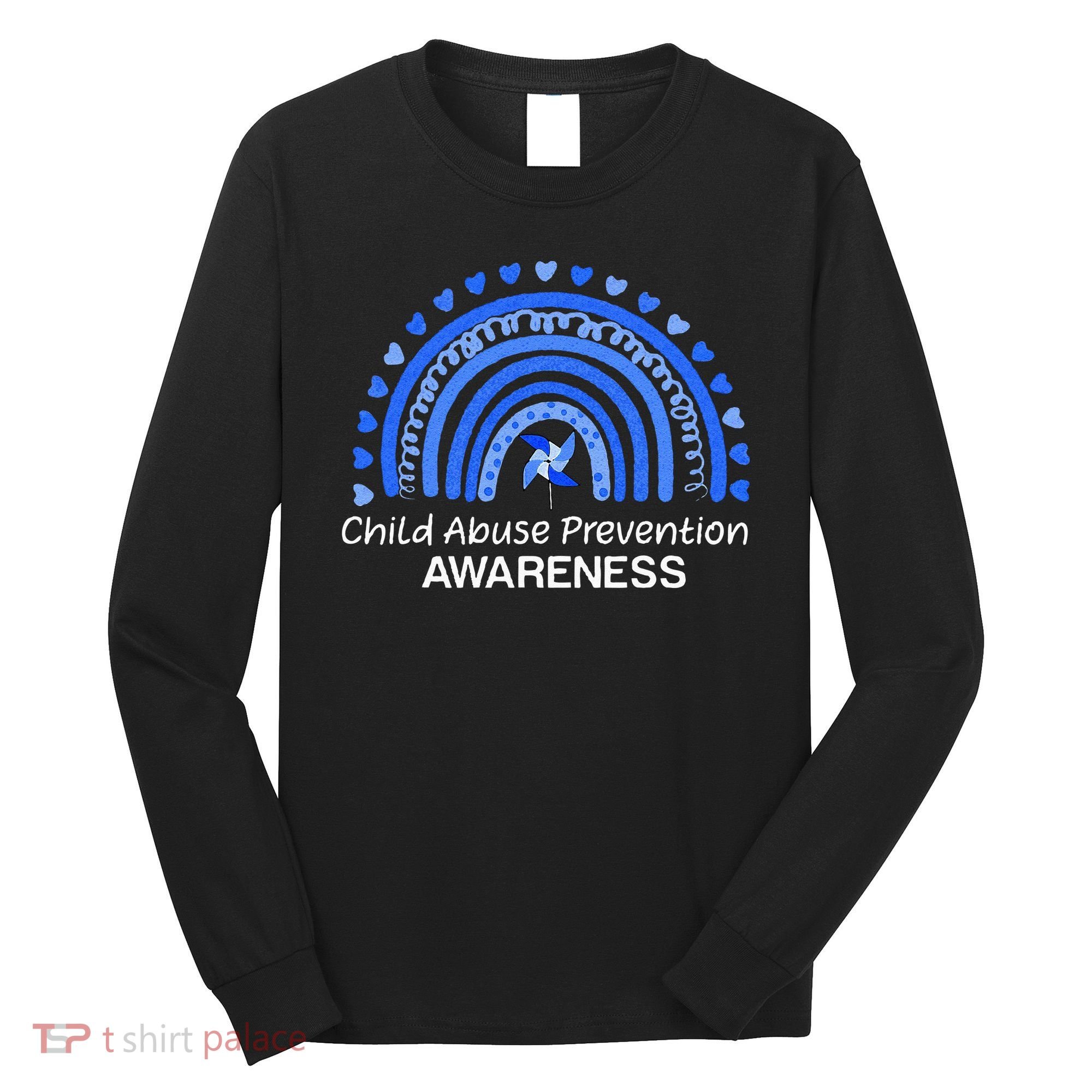 Child Abuse Prevention Awareness Blue Boho Rainbow Pinwheel Long Sleeve Shirt
