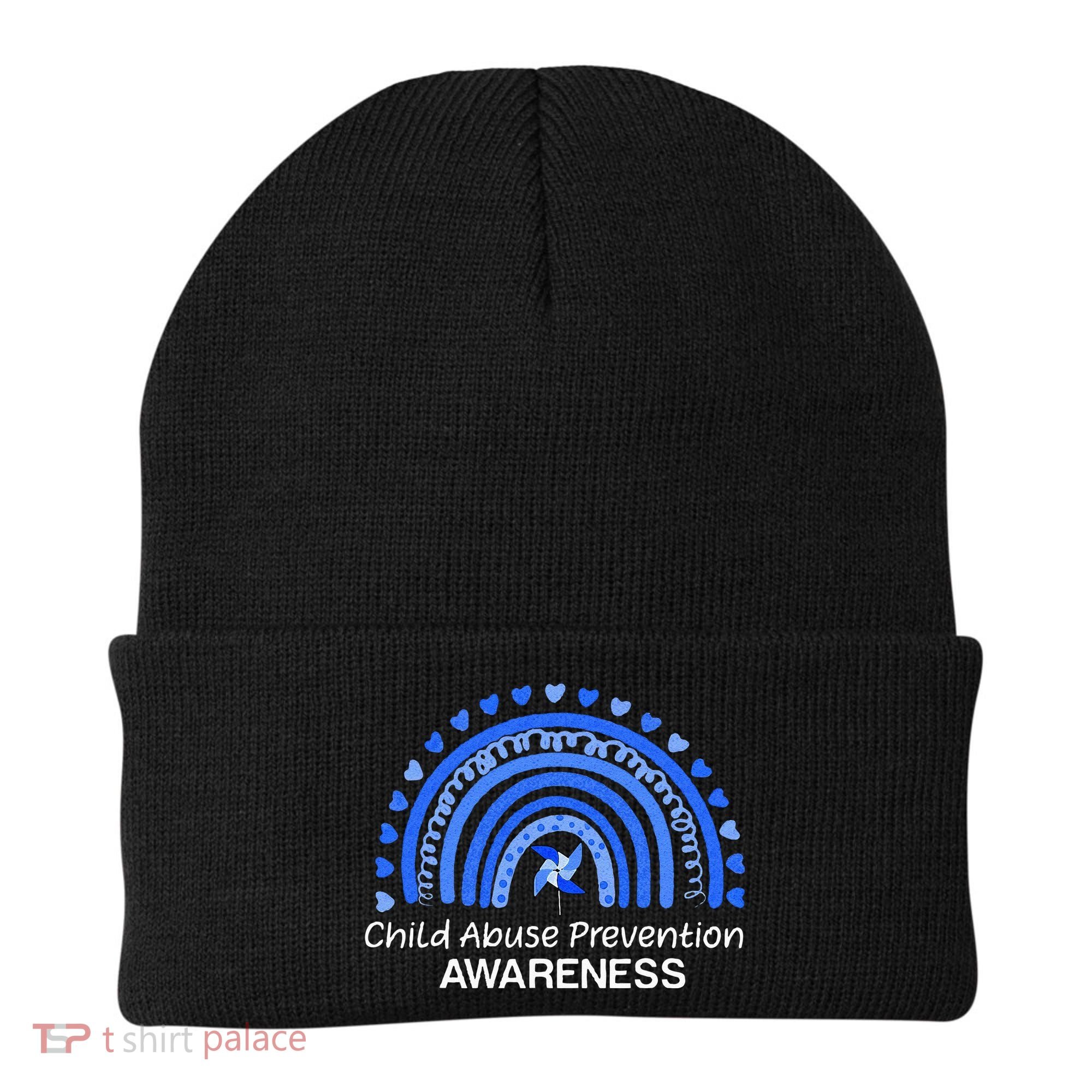 Child Abuse Prevention Awareness Blue Boho Rainbow Pinwheel Beanie