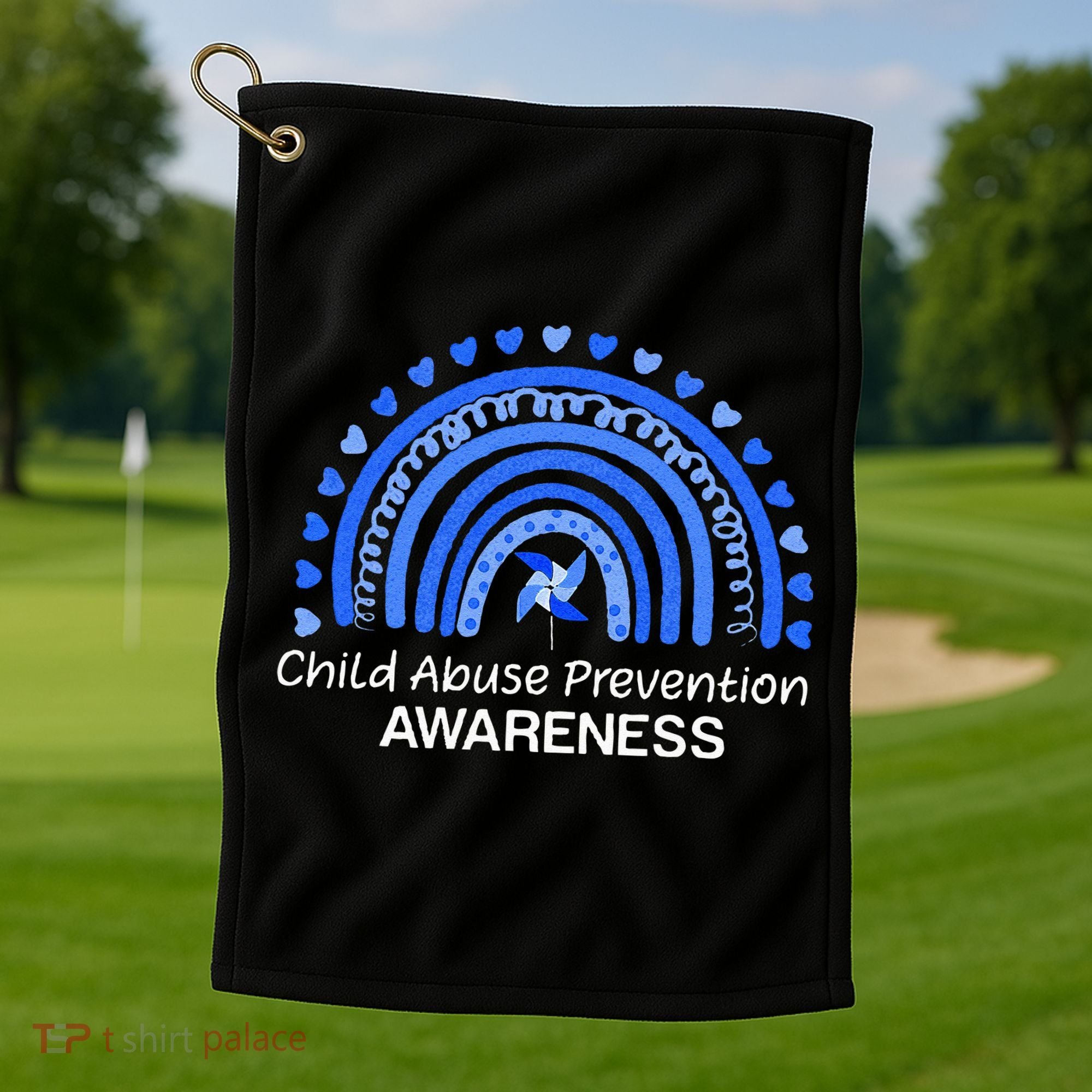 Child Abuse Prevention Awareness Blue Boho Rainbow Pinwheel Golf Towel