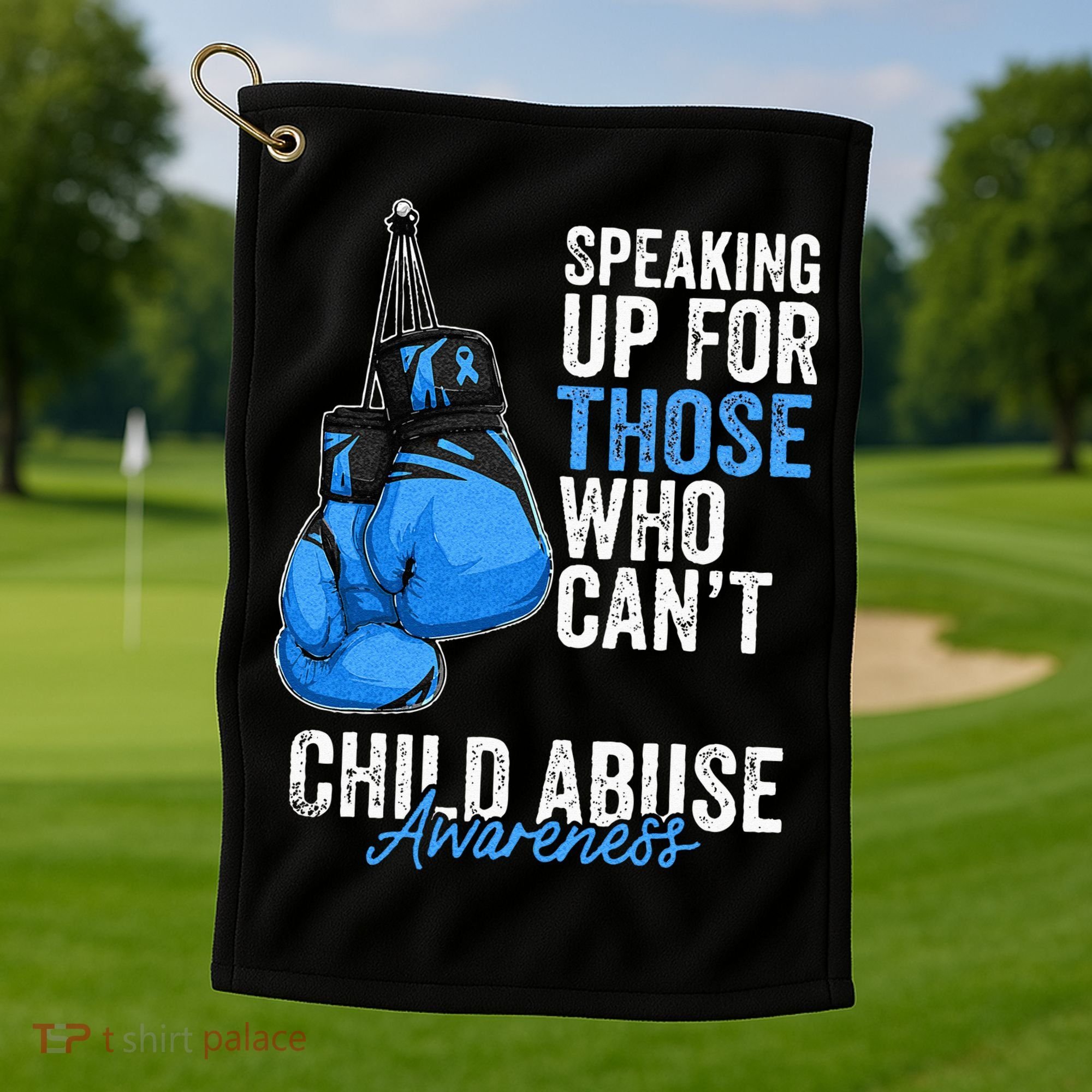 Child Abuse Prevention Awareness Boxing Gloves Blue Ribbon Golf Towel