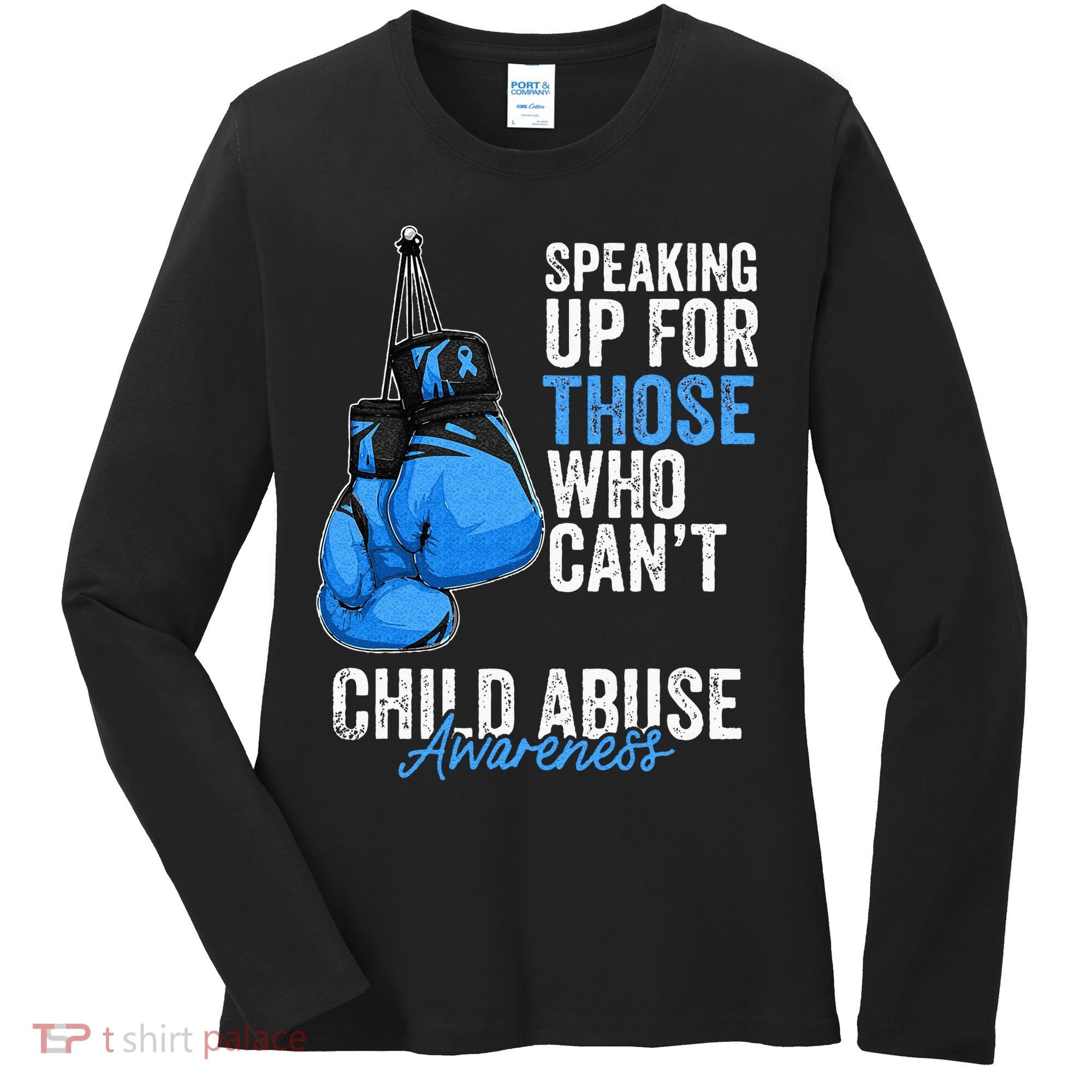 Child Abuse Prevention Awareness Boxing Gloves Blue Ribbon Women's Long Sleeve Shirt