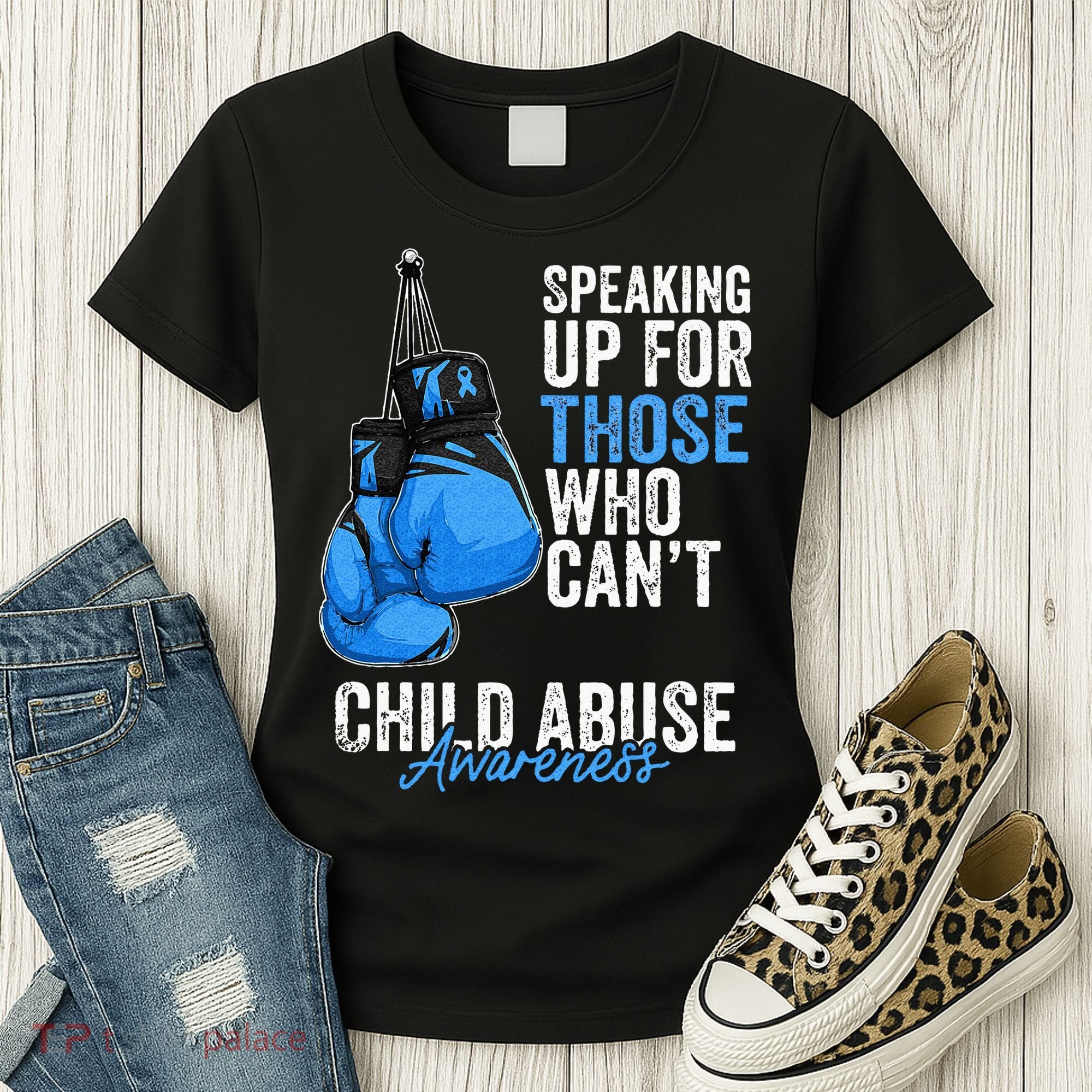 Child Abuse Prevention Awareness Boxing Gloves Blue Ribbon Women's T-Shirt
