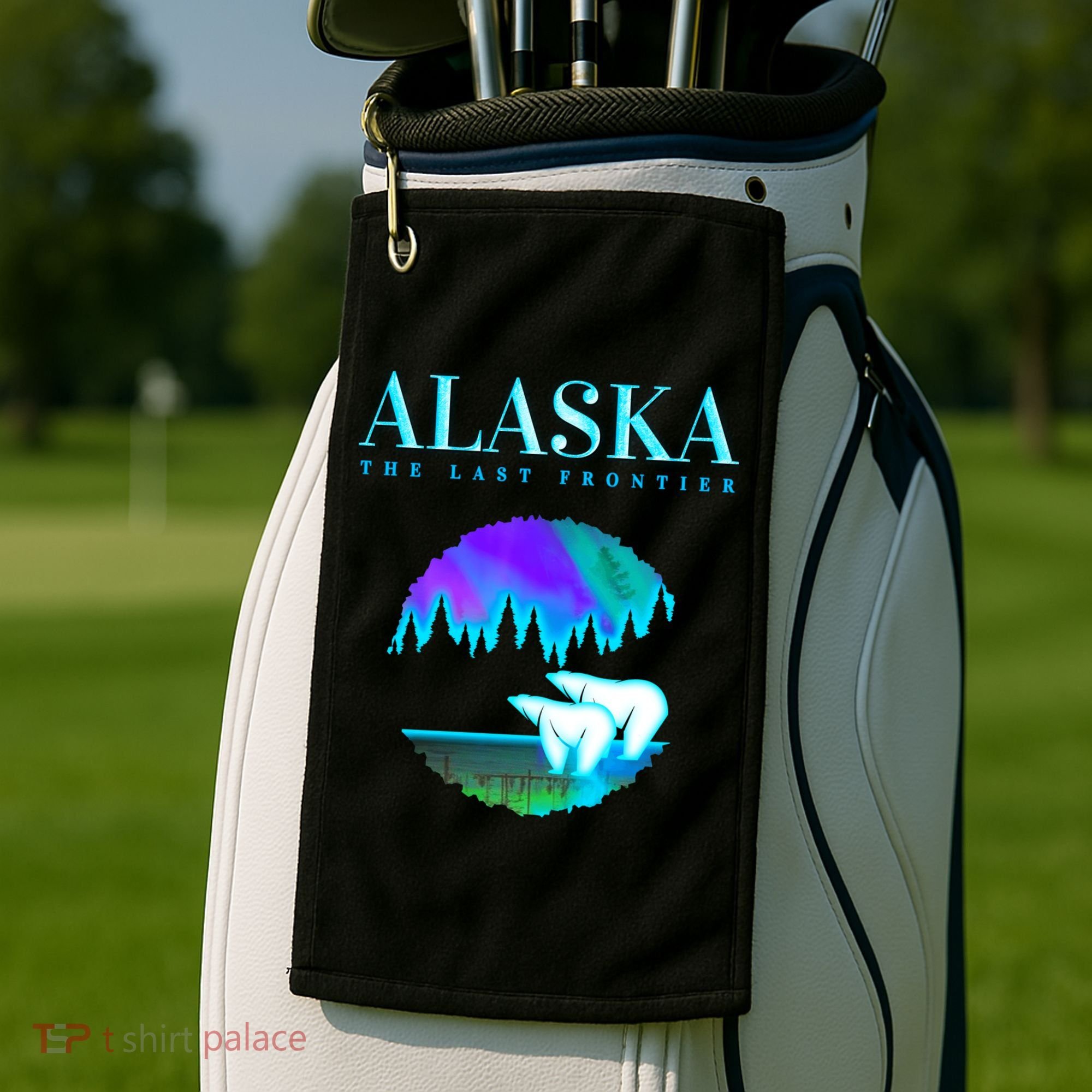 Cool Alaska Pair of Polar Bear with Aurora Snow Scene Golf Towel