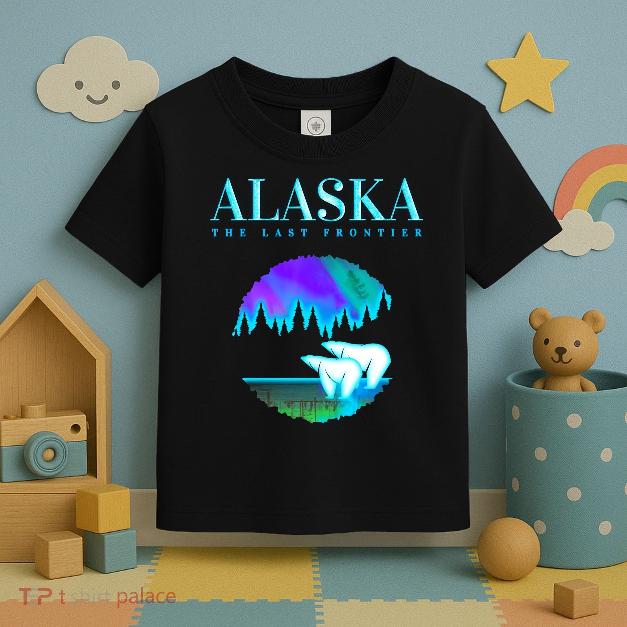 Cool Alaska Pair of Polar Bear with Aurora Snow Scene Toddler T-Shirt