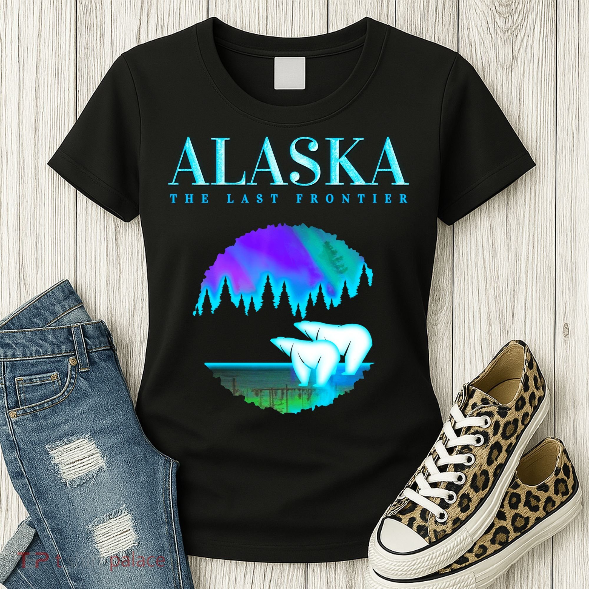 Cool Alaska Pair of Polar Bear with Aurora Snow Scene Women's T-Shirt