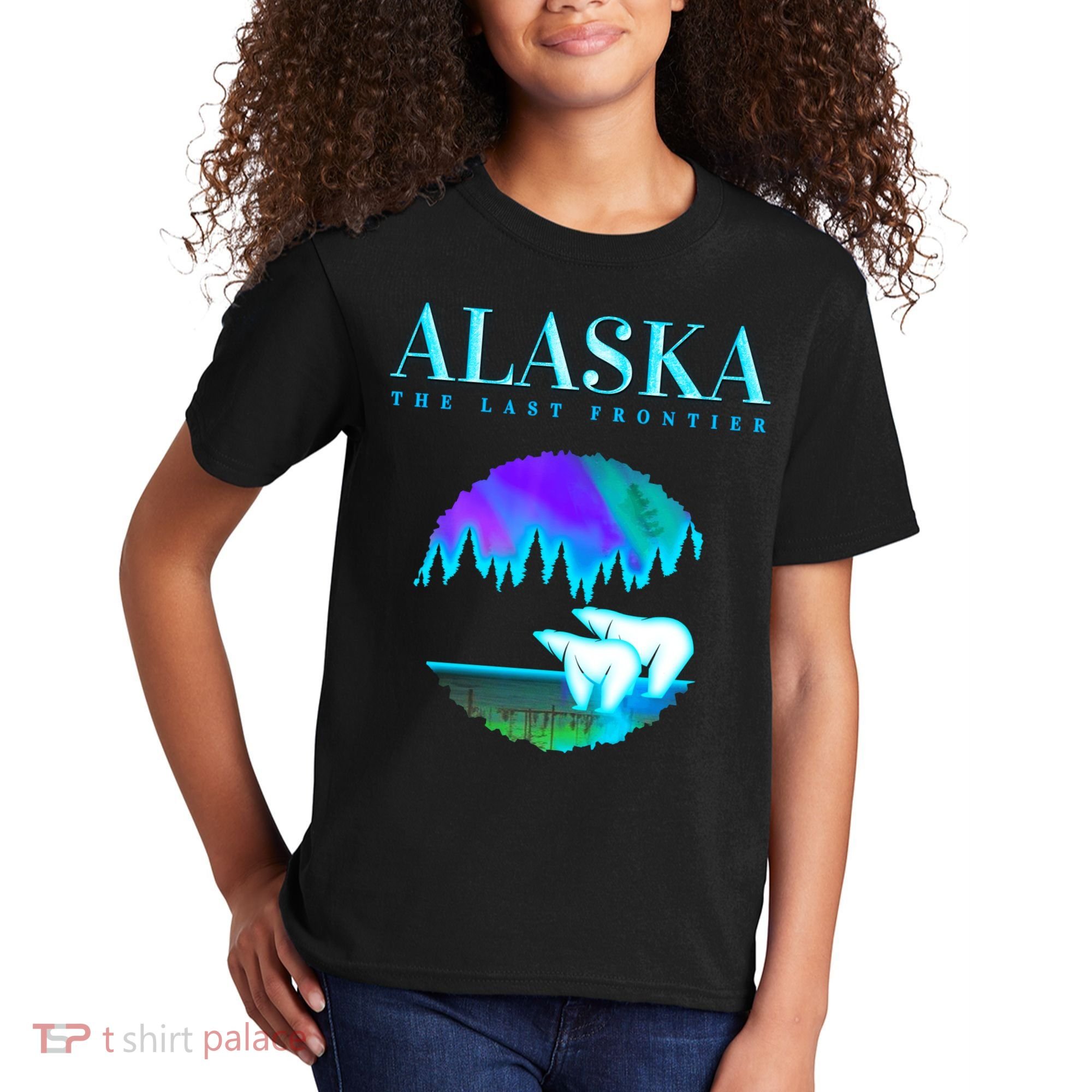 Cool Alaska Pair of Polar Bear with Aurora Snow Scene Kids T-Shirt