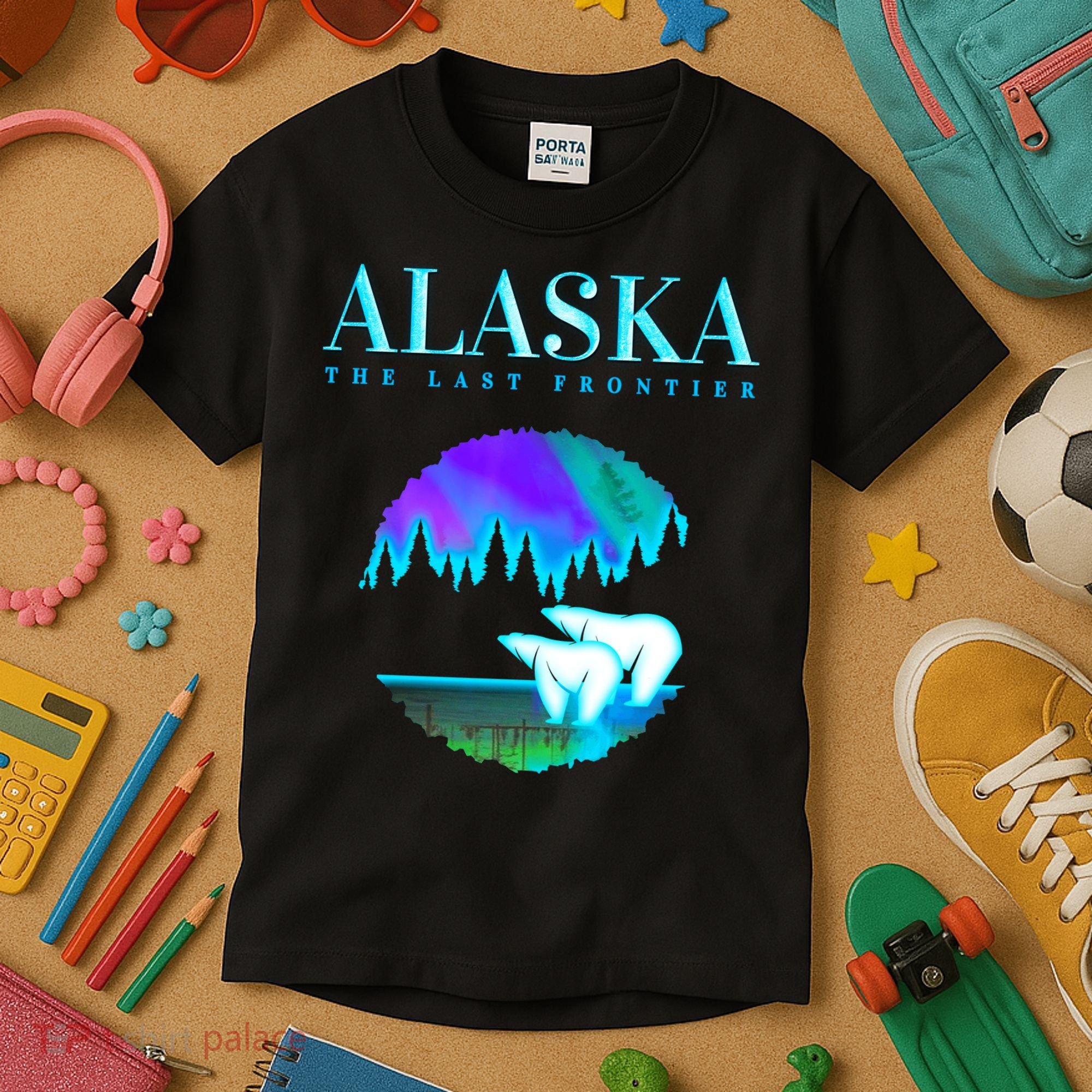 Cool Alaska Pair of Polar Bear with Aurora Snow Scene Kids T-Shirt