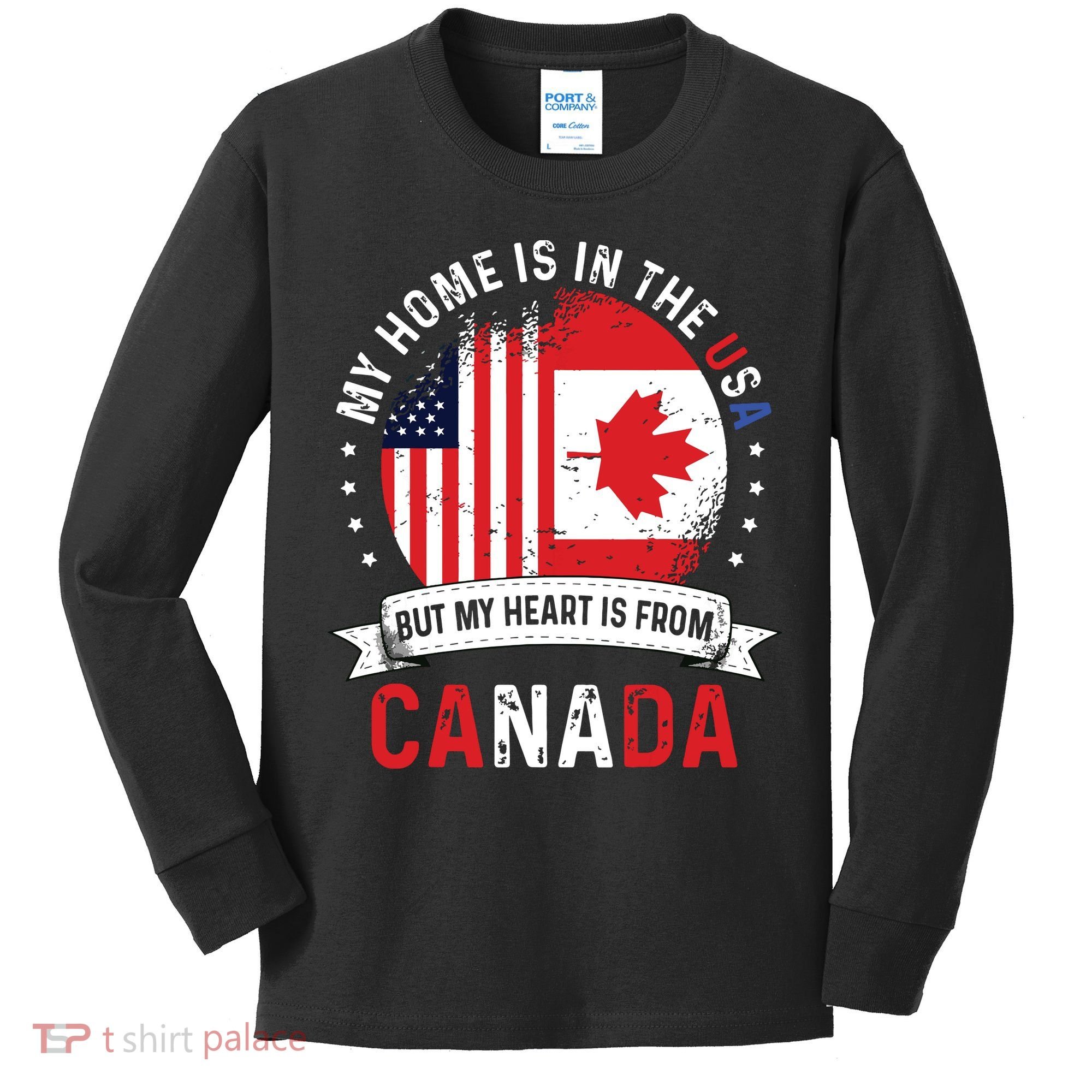 Canadian American Patriot Heart Is From Canada Flag Kids Long Sleeve Shirt