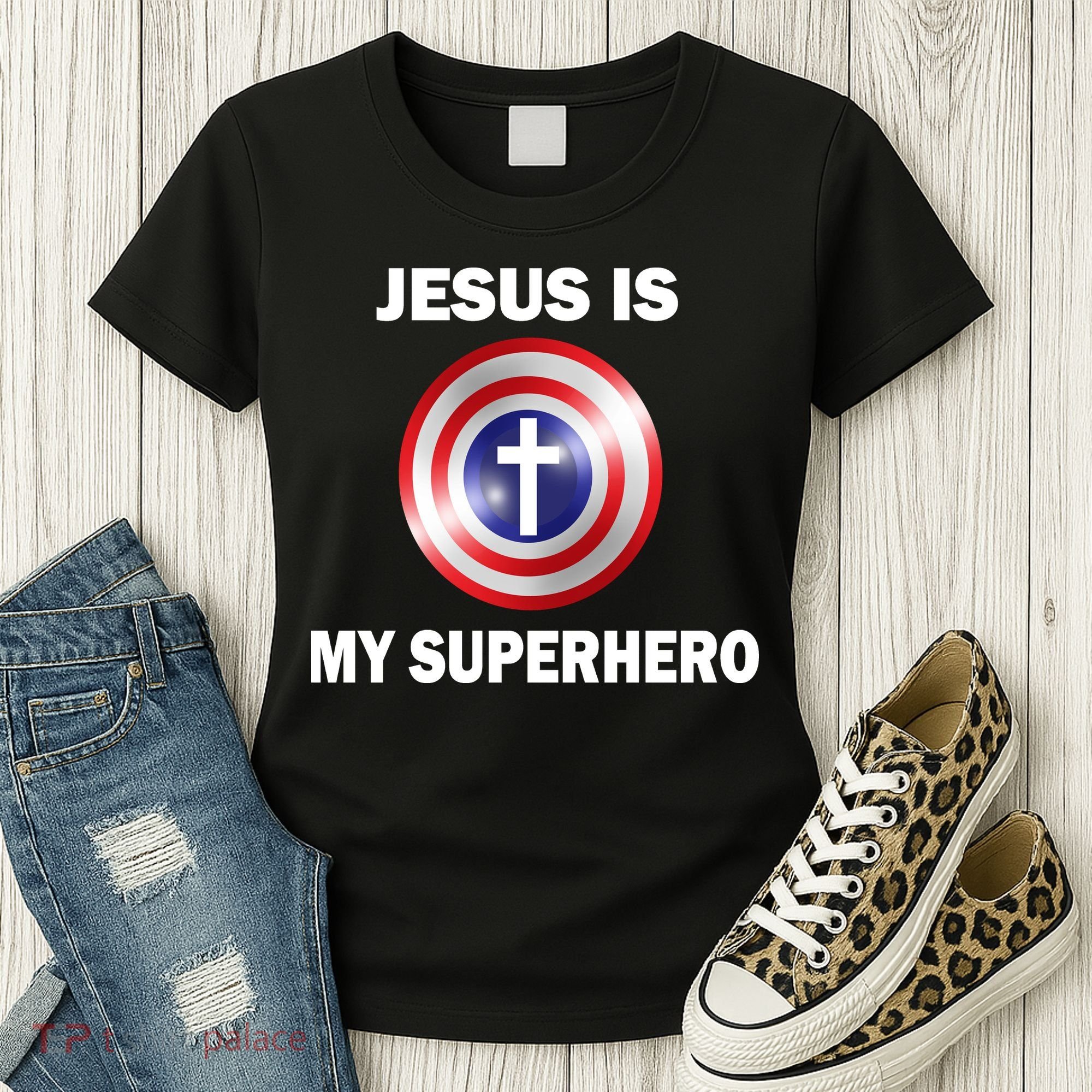 Captain Jesus Is My Superhero Cross Logo Women's T-Shirt