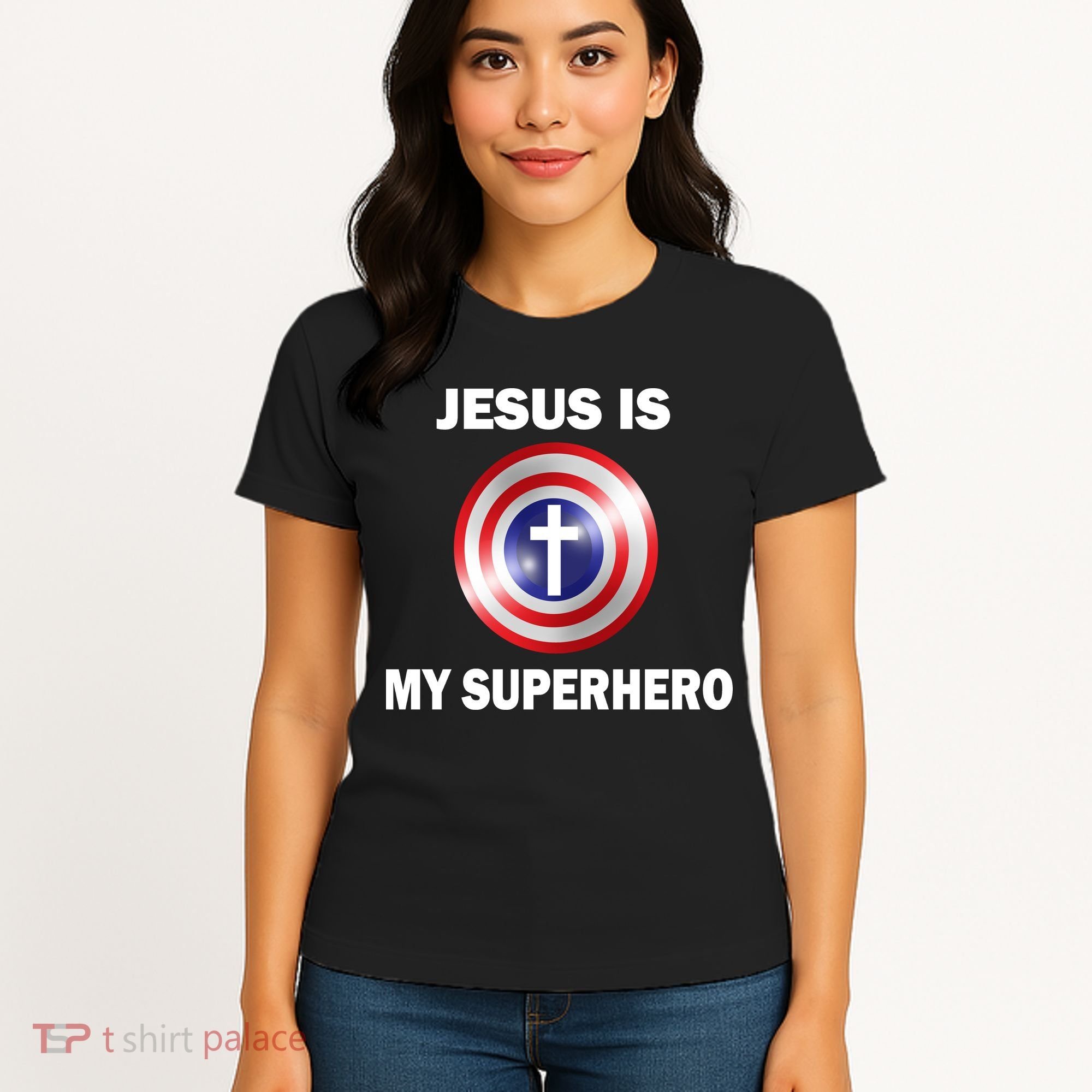 Captain Jesus Is My Superhero Cross Logo Women's T-Shirt
