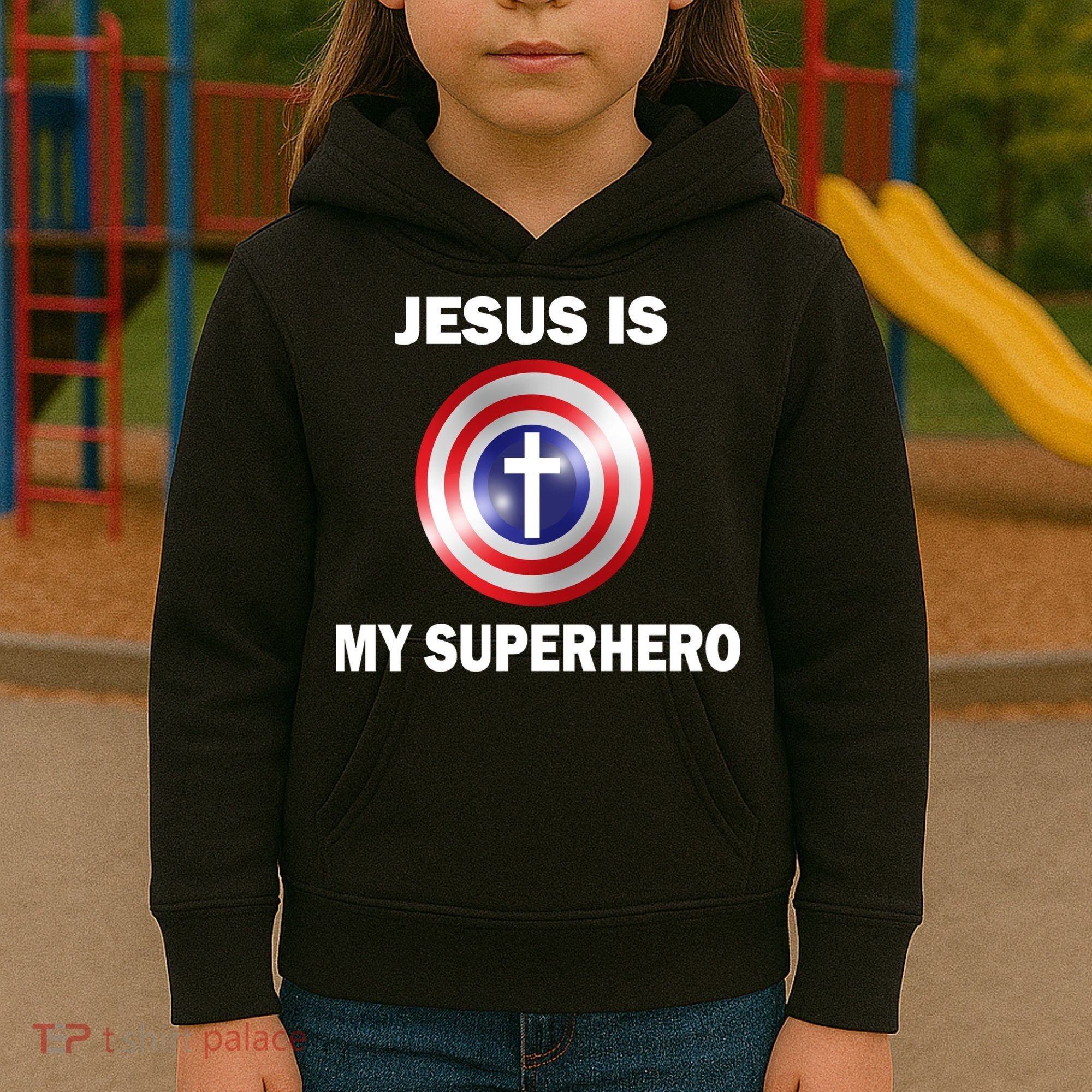 Captain Jesus Is My Superhero Cross Logo Kids Hoodie
