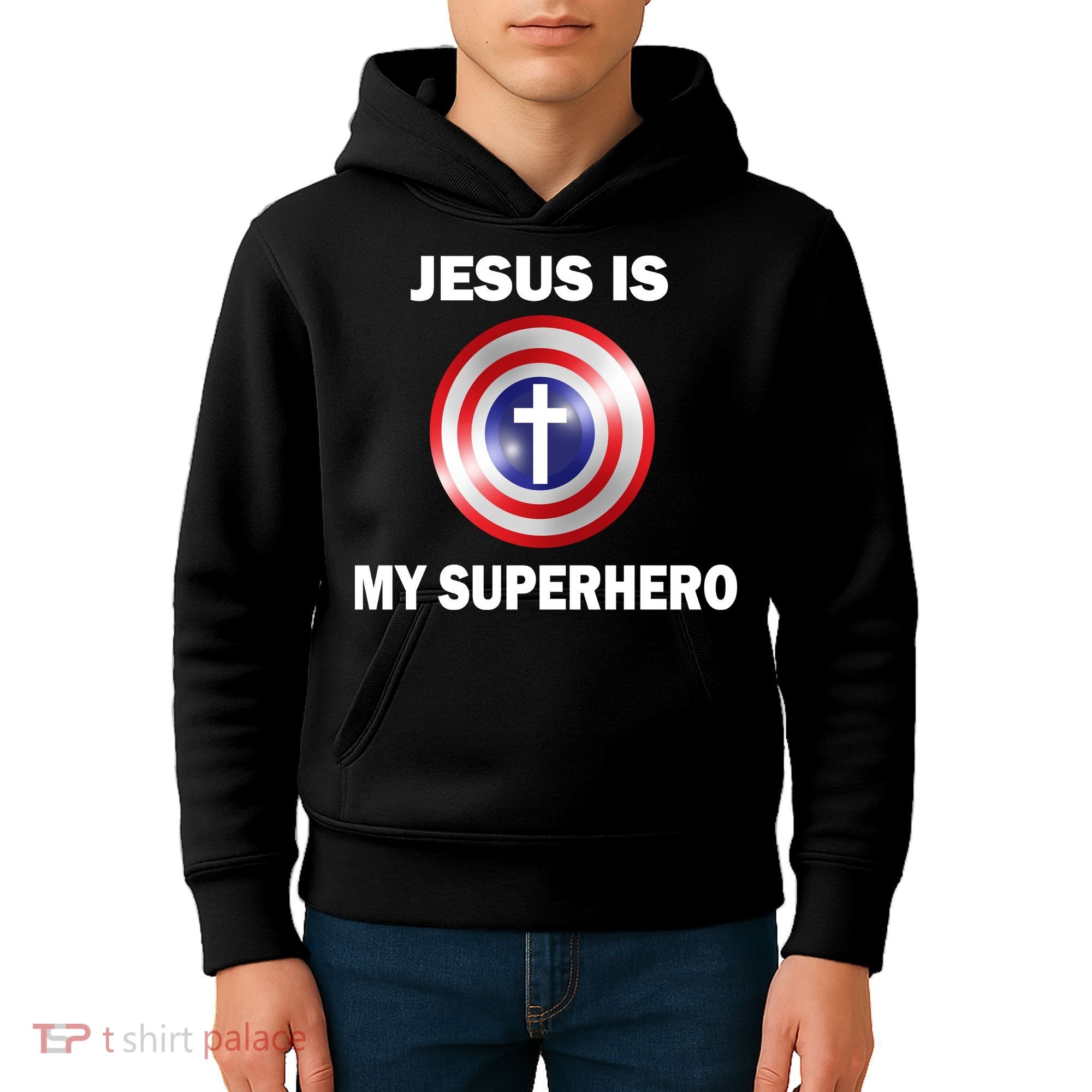 Captain Jesus Is My Superhero Cross Logo Kids Hoodie