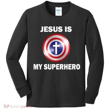 Captain Jesus Is My Superhero Cross Logo Kids Long Sleeve Shirt
