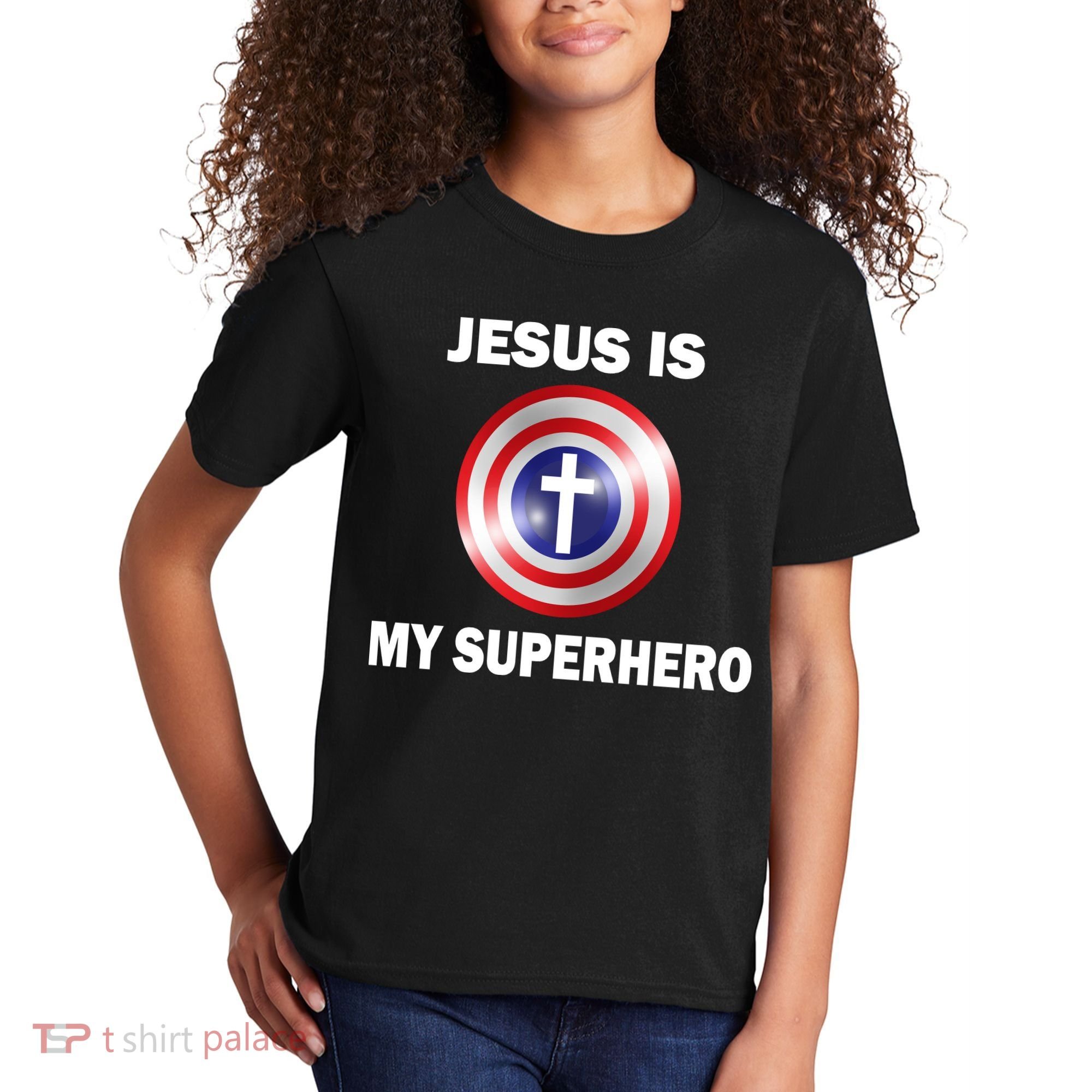 Captain Jesus Is My Superhero Cross Logo Kids T-Shirt