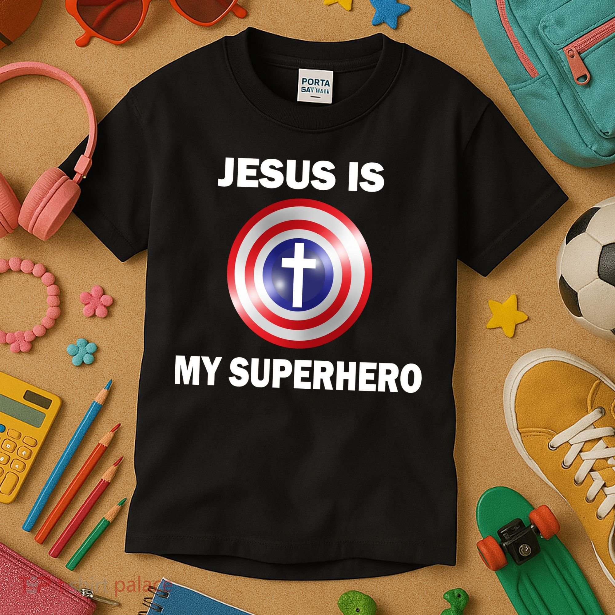 Captain Jesus Is My Superhero Cross Logo Kids T-Shirt