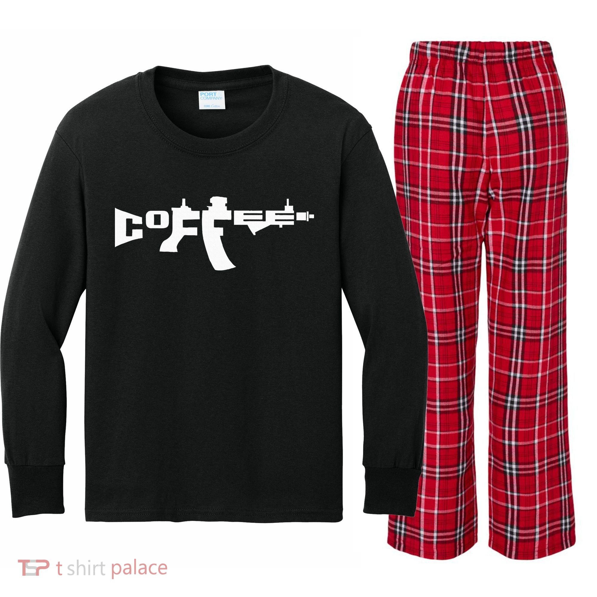 Coffee AR15 Rifle Gun Owner Kids Long Sleeve Plaid Pajama Set