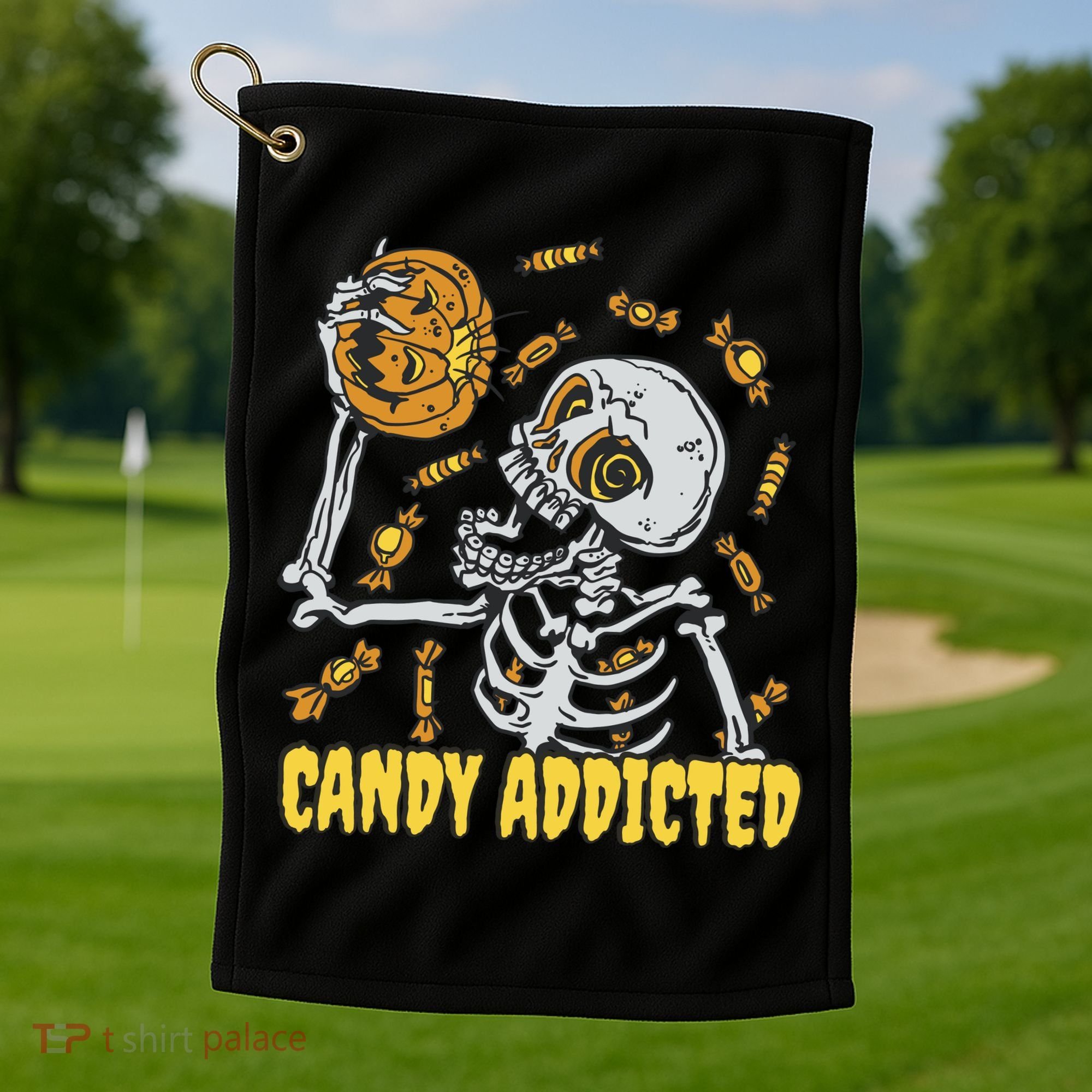 Candy Addicted Skeleton Halloween Golf Towel
