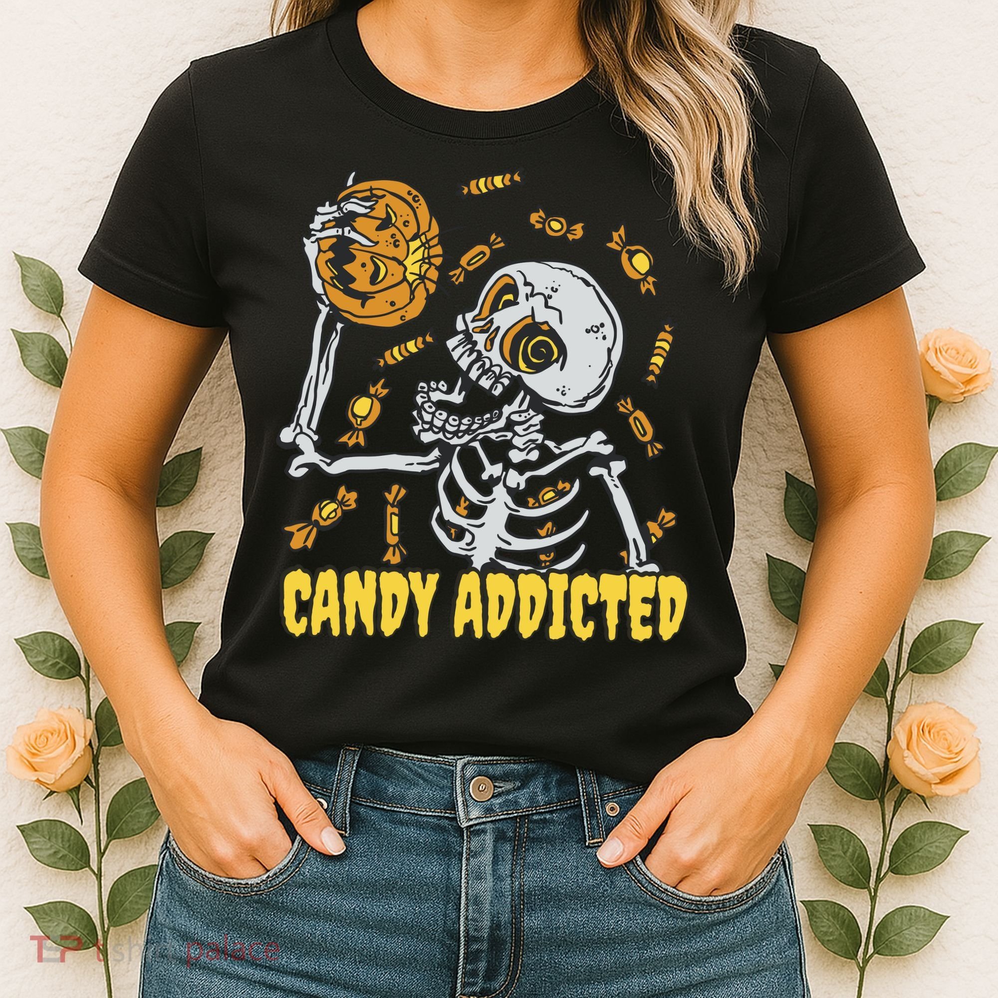 Candy Addicted Skeleton Halloween Women's T-Shirt