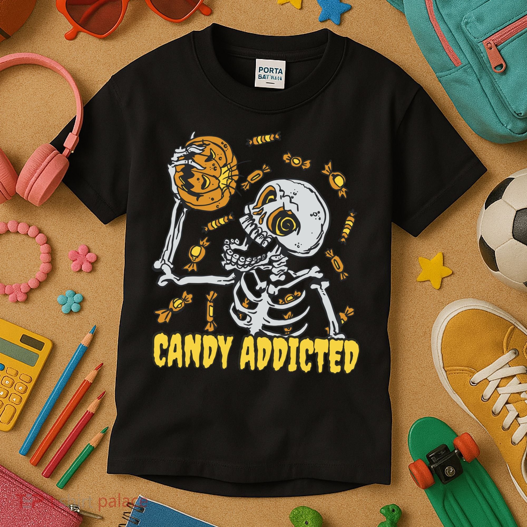 Candy Addicted Skeleton Halloween Kids T-Shirt