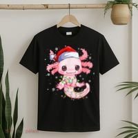 Christmas Axolotl Santa Hat Lights Japanese Cute Anime Xmas T-Shirt thumb 2