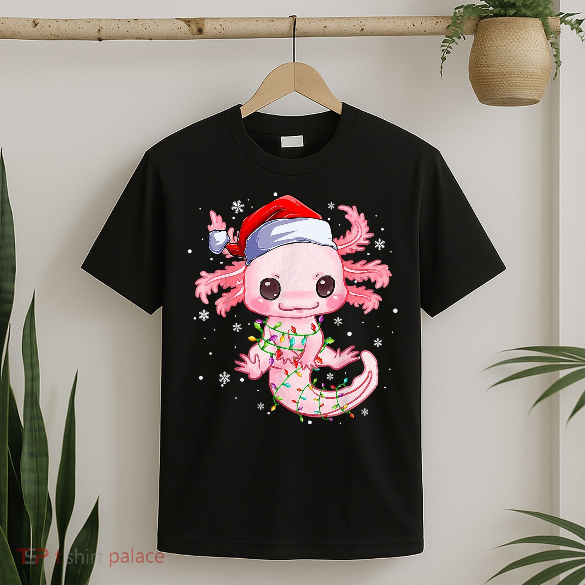 Christmas Axolotl Santa Hat Lights Japanese Cute Anime Xmas T-Shirt