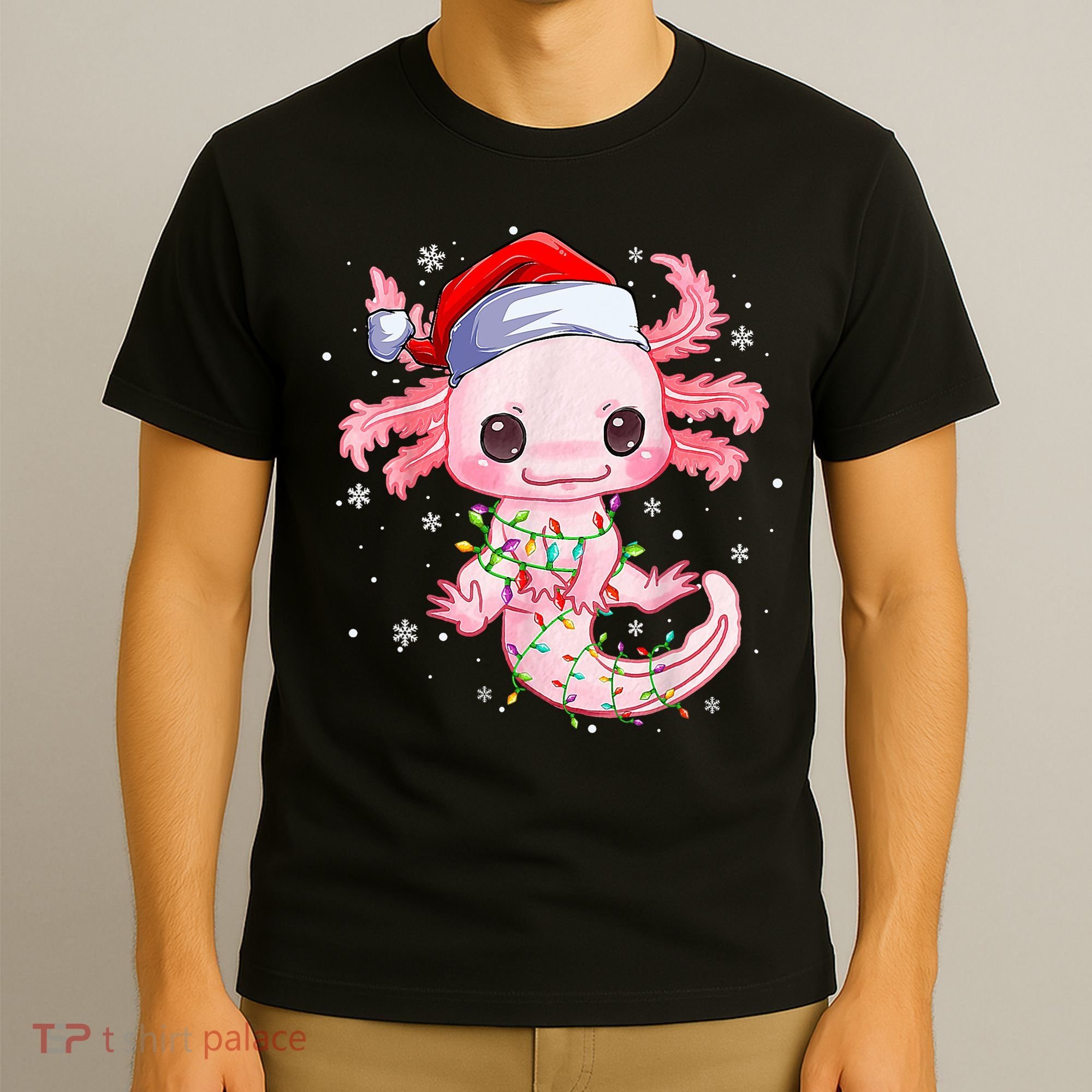 Christmas Axolotl Santa Hat Lights Japanese Cute Anime Xmas T-Shirt