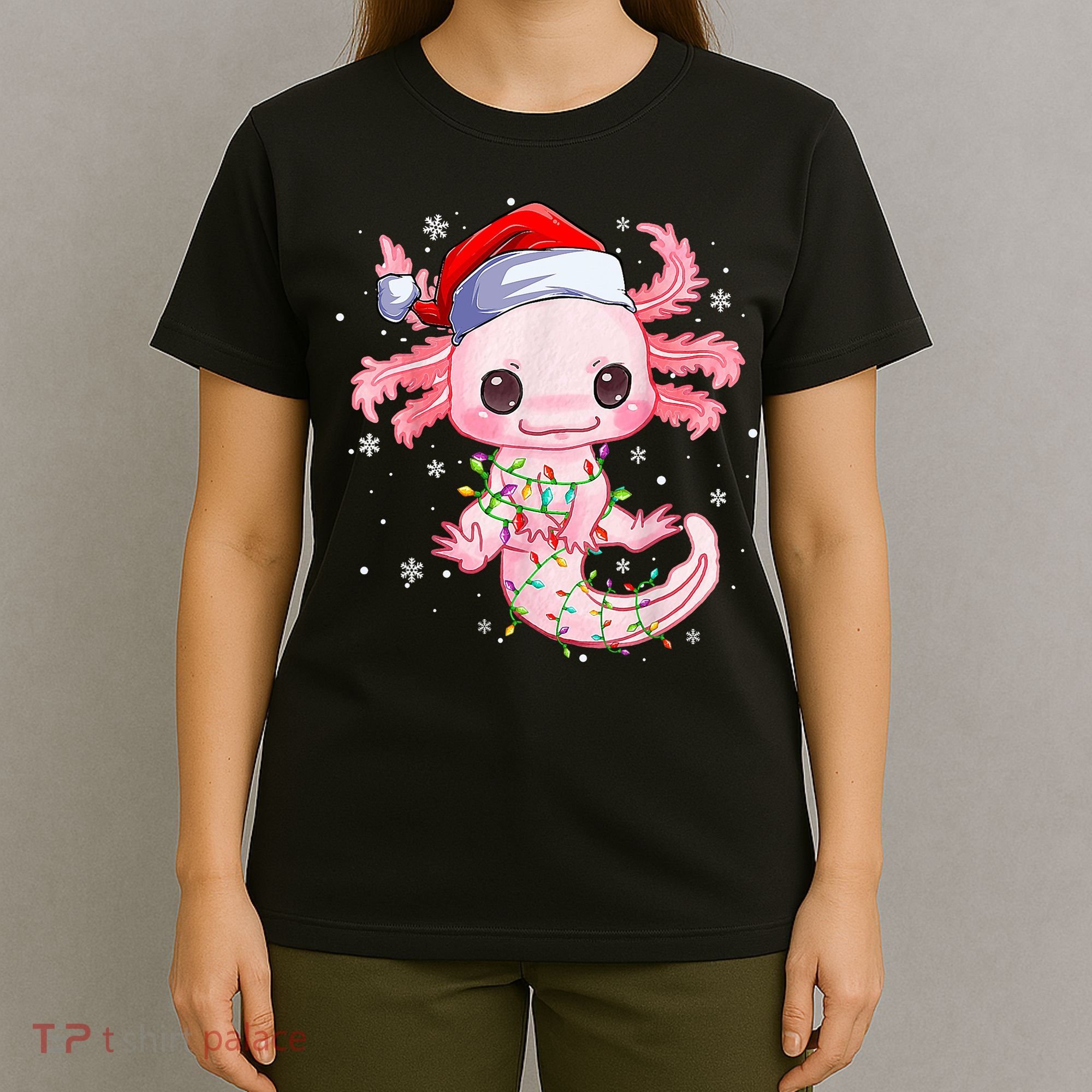 Christmas Axolotl Santa Hat Lights Japanese Cute Anime Xmas T-Shirt