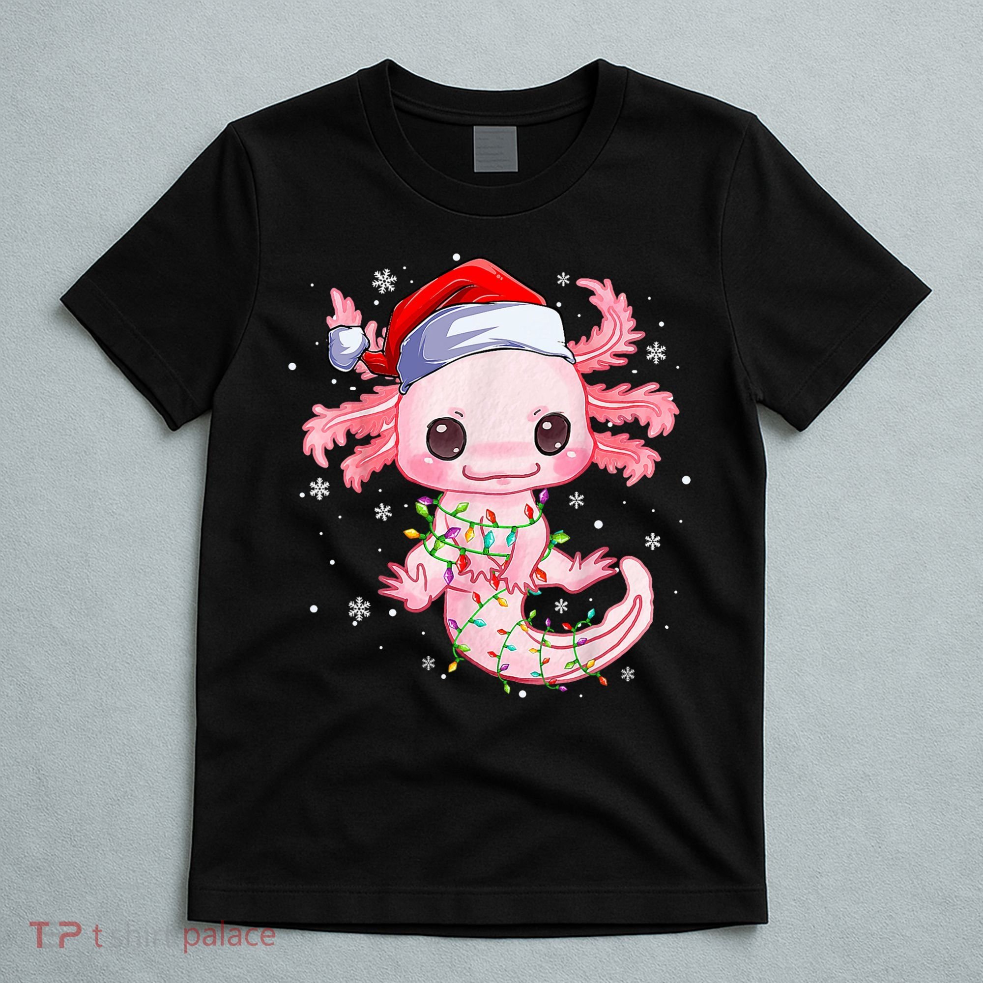 Christmas Axolotl Santa Hat Lights Japanese Cute Anime Xmas T-Shirt