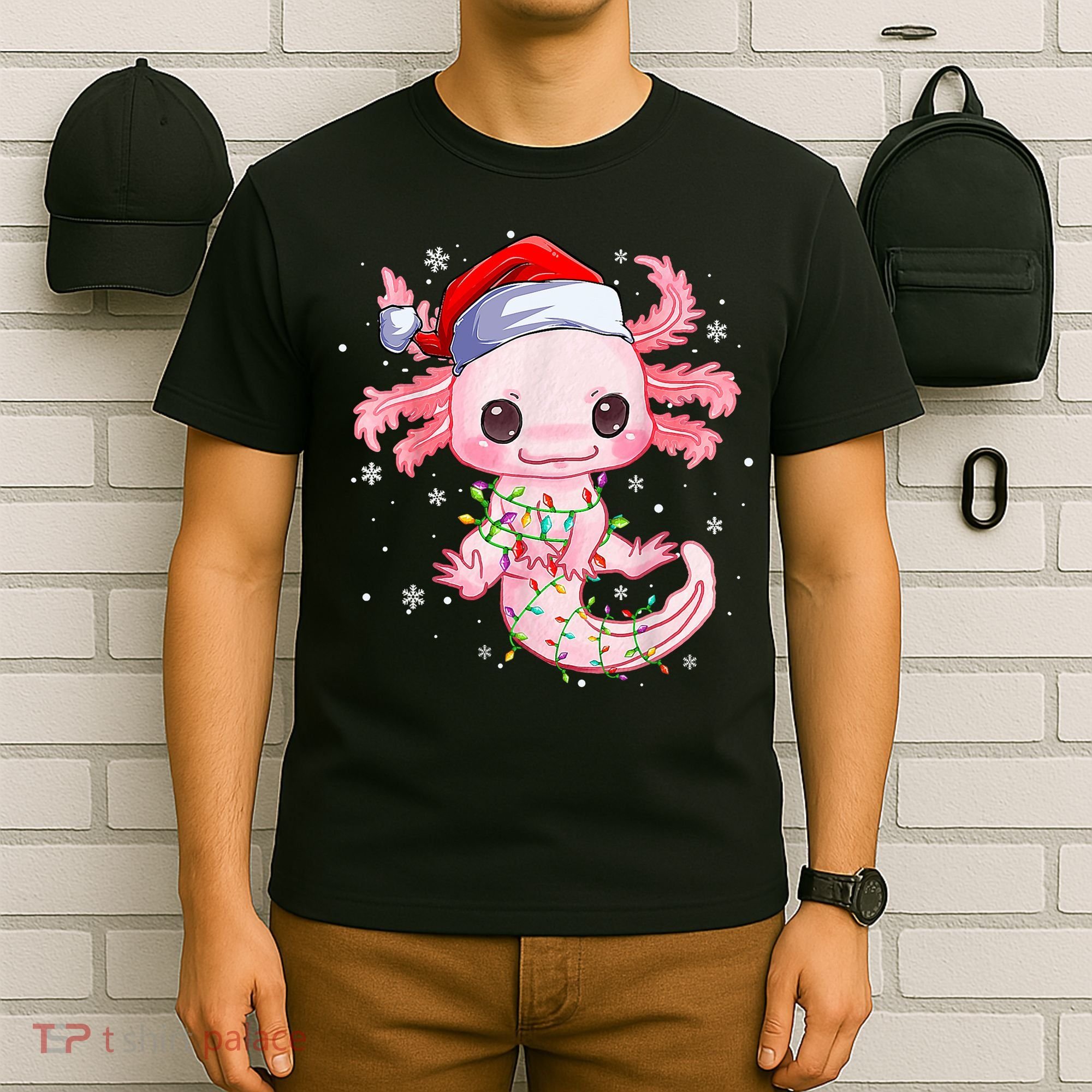 Christmas Axolotl Santa Hat Lights Japanese Cute Anime Xmas T-Shirt