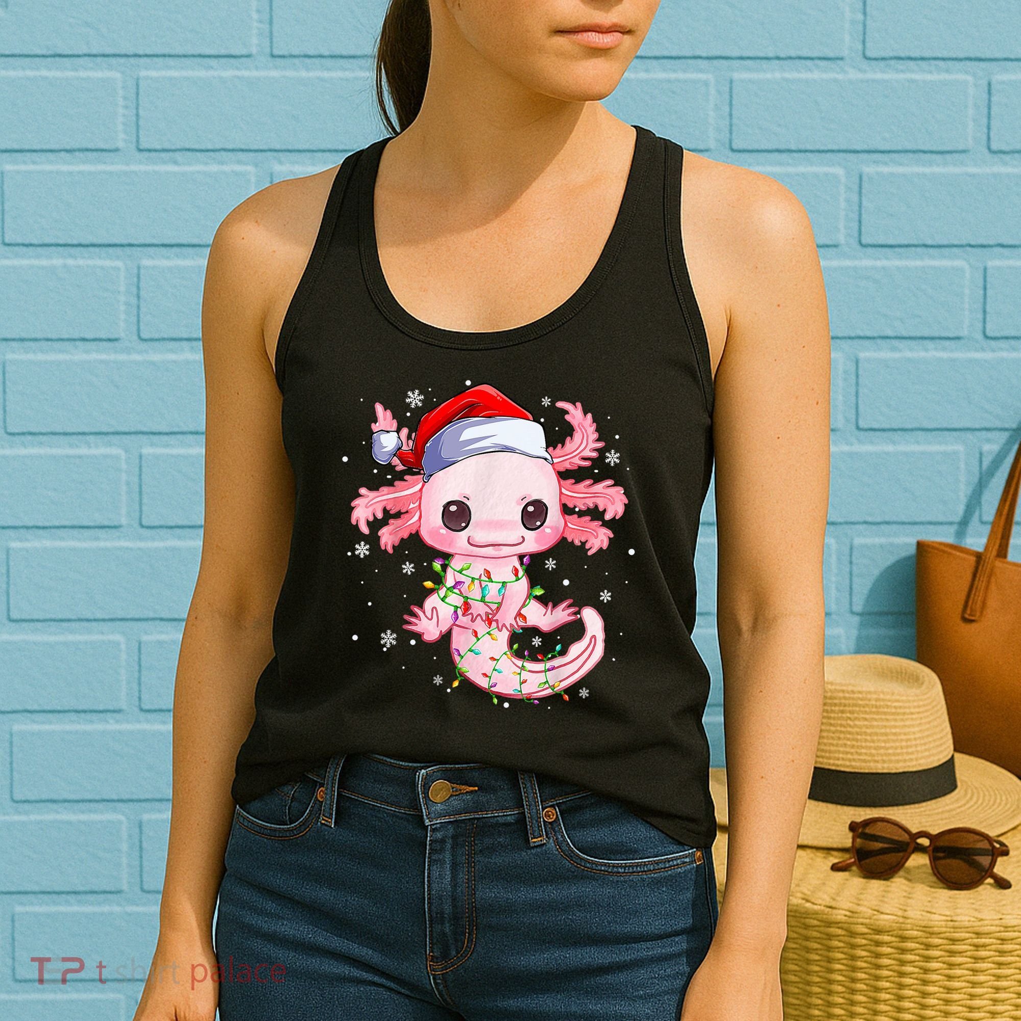 Christmas Axolotl Santa Hat Lights Japanese Cute Anime Xmas Women's Tank Top