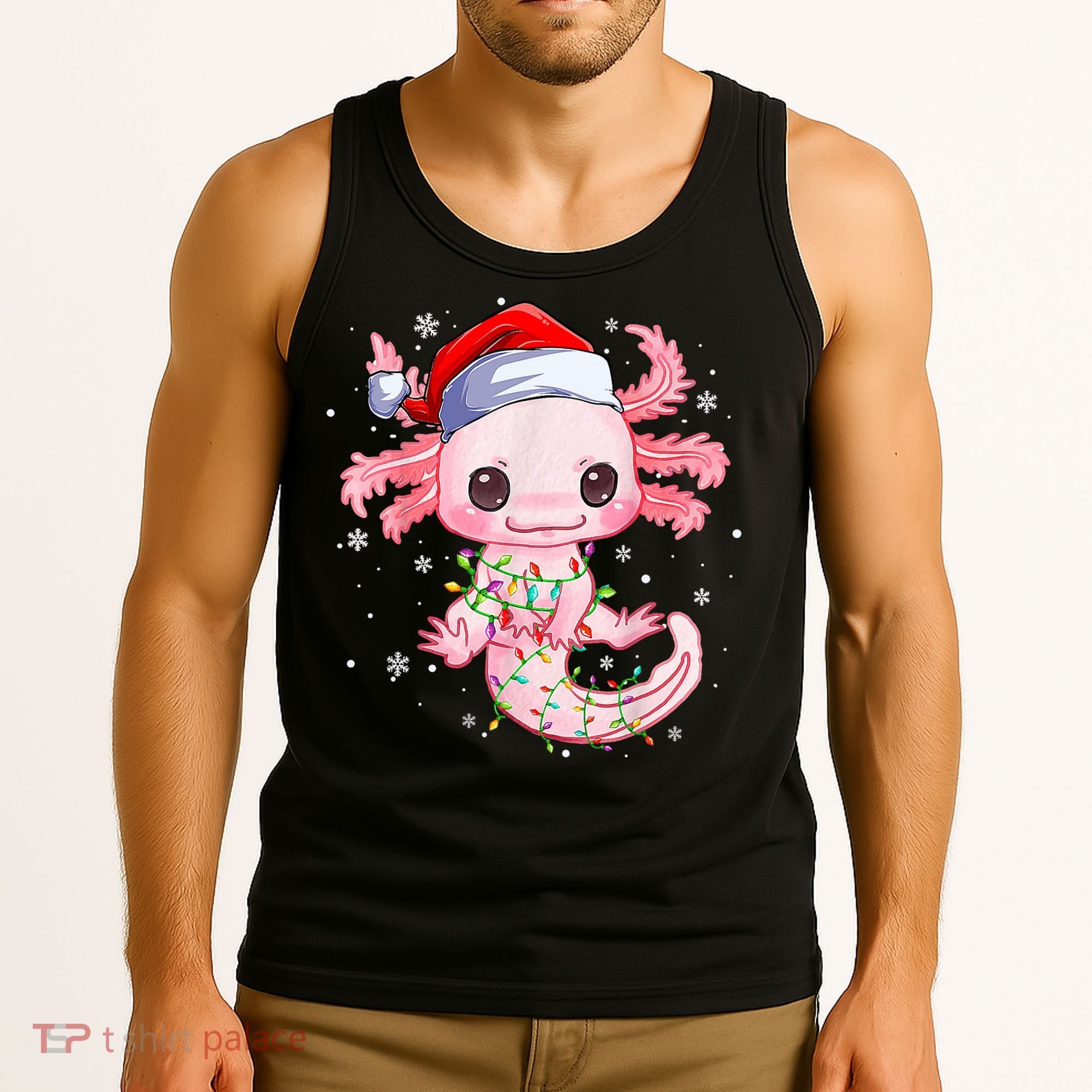 Christmas Axolotl Santa Hat Lights Japanese Cute Anime Xmas Tank Top
