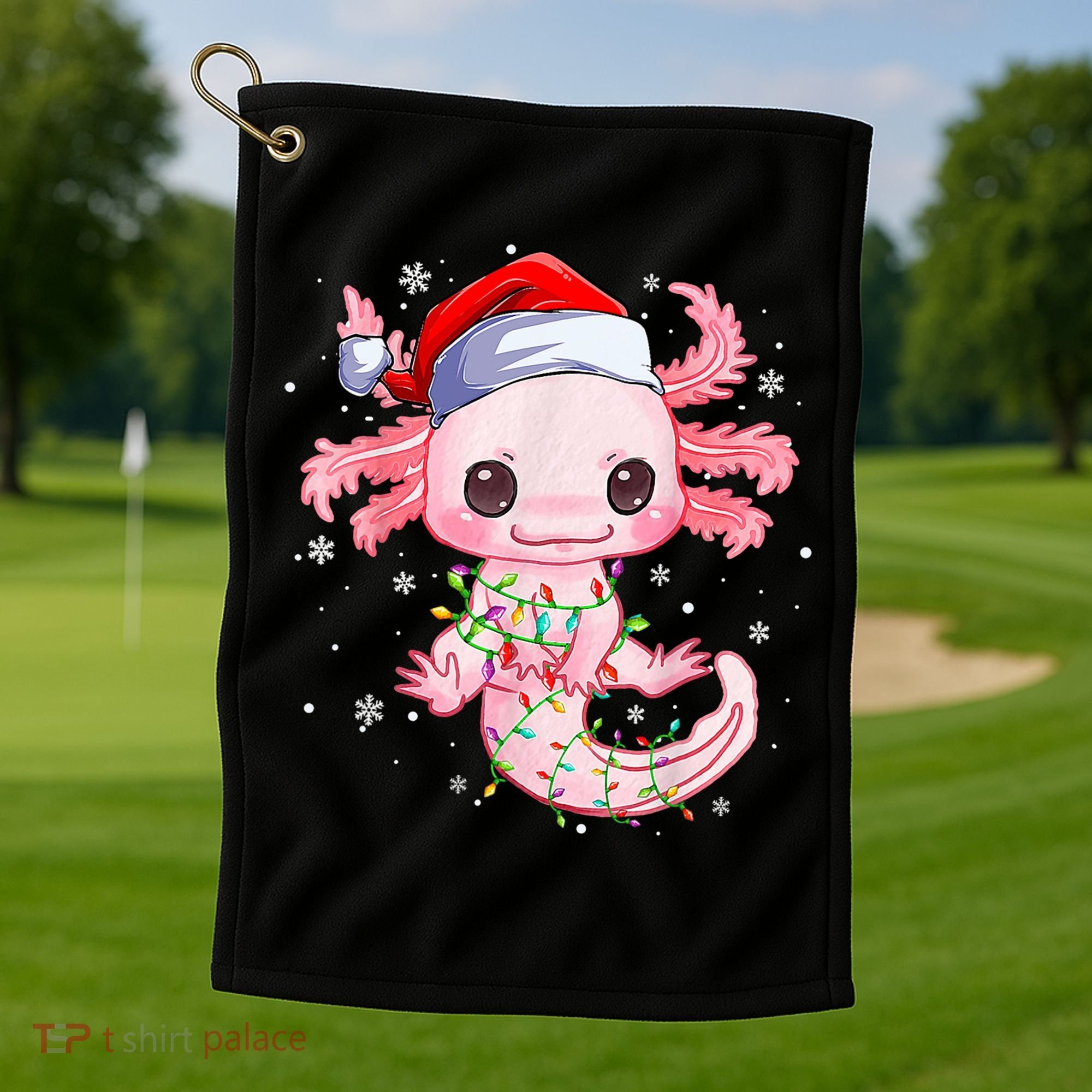 Christmas Axolotl Santa Hat Lights Japanese Cute Anime Xmas Golf Towel
