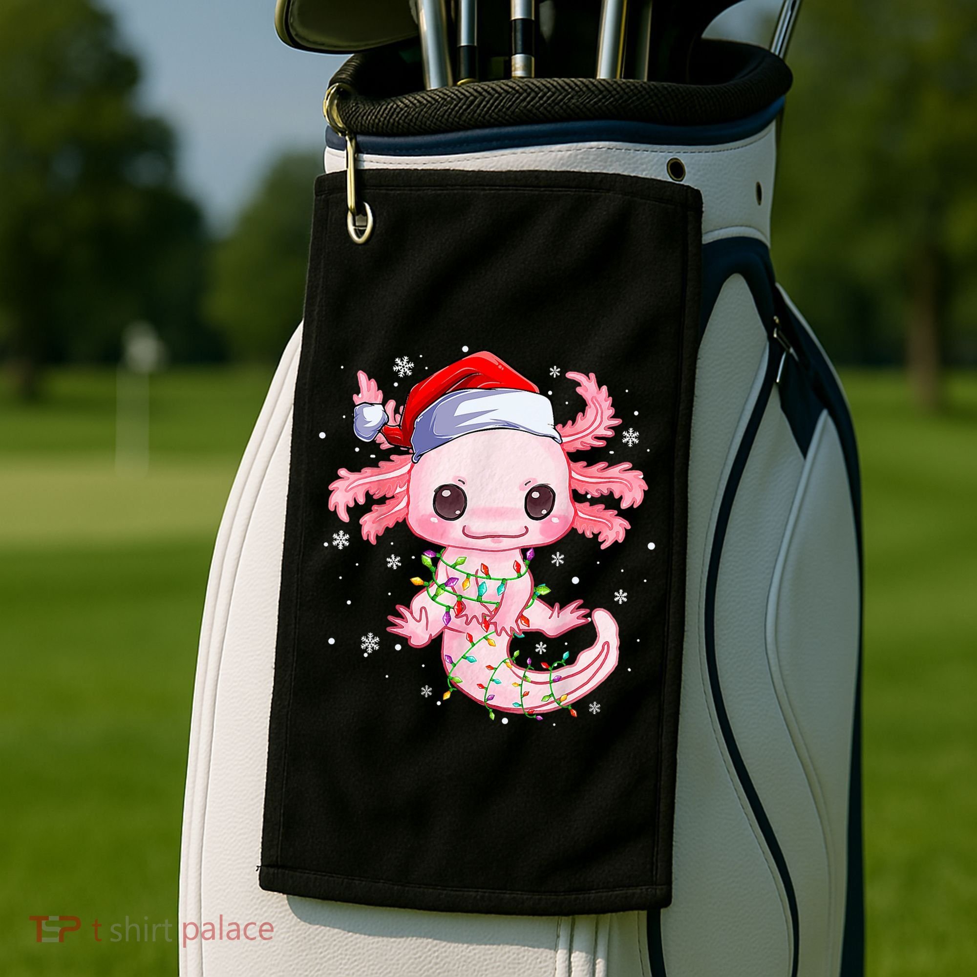 Christmas Axolotl Santa Hat Lights Japanese Cute Anime Xmas Golf Towel