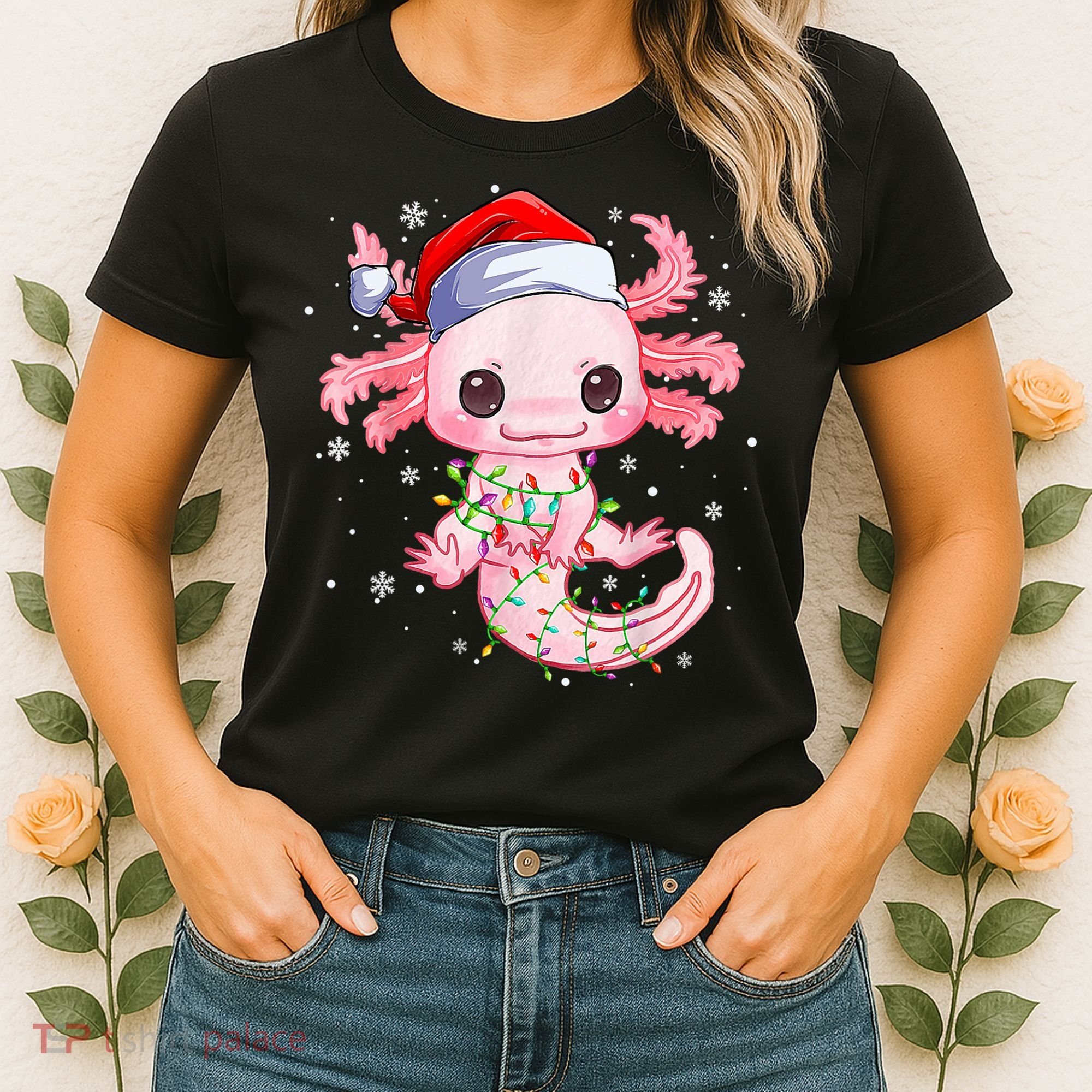 Christmas Axolotl Santa Hat Lights Japanese Cute Anime Xmas Women's T-Shirt