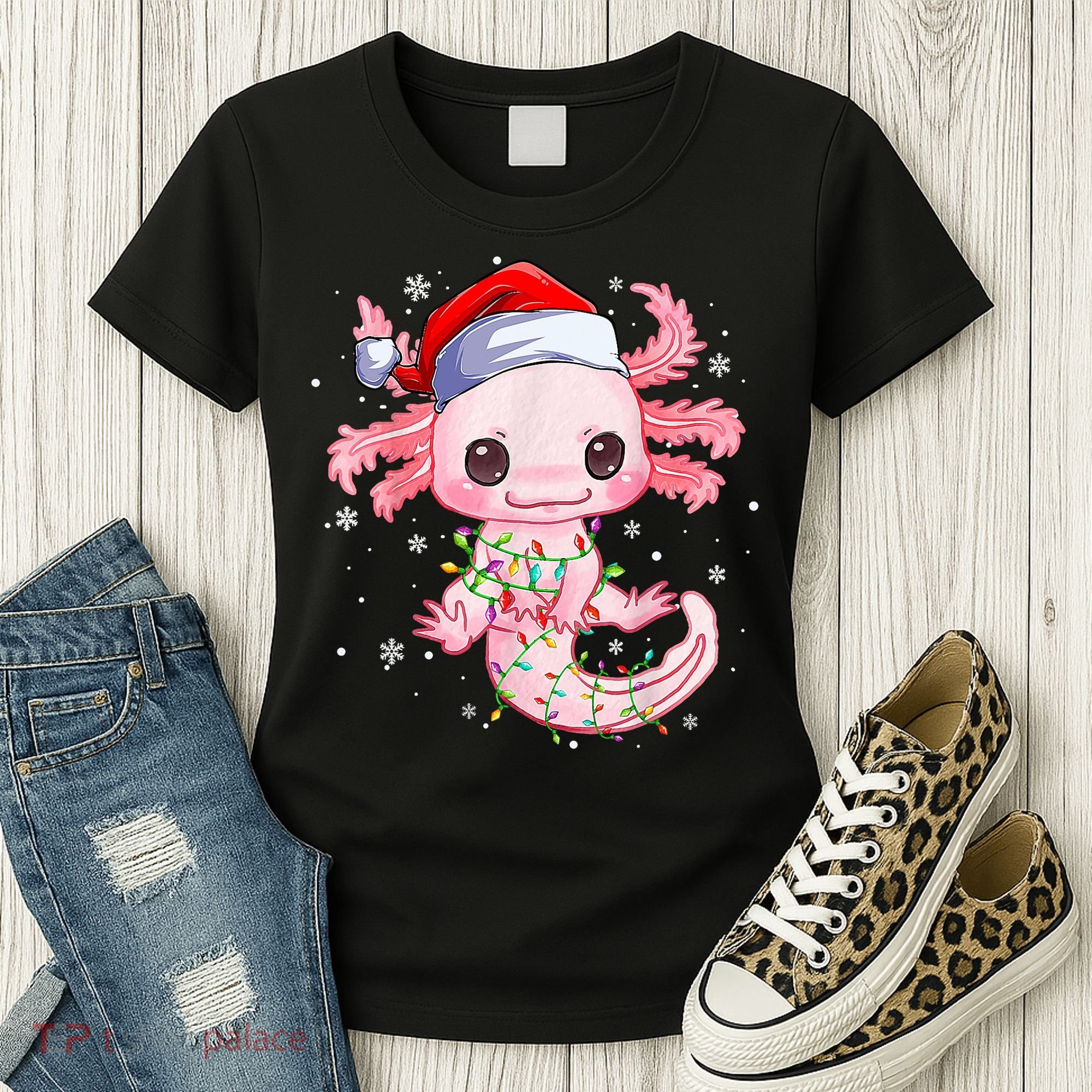 Christmas Axolotl Santa Hat Lights Japanese Cute Anime Xmas Women's T-Shirt