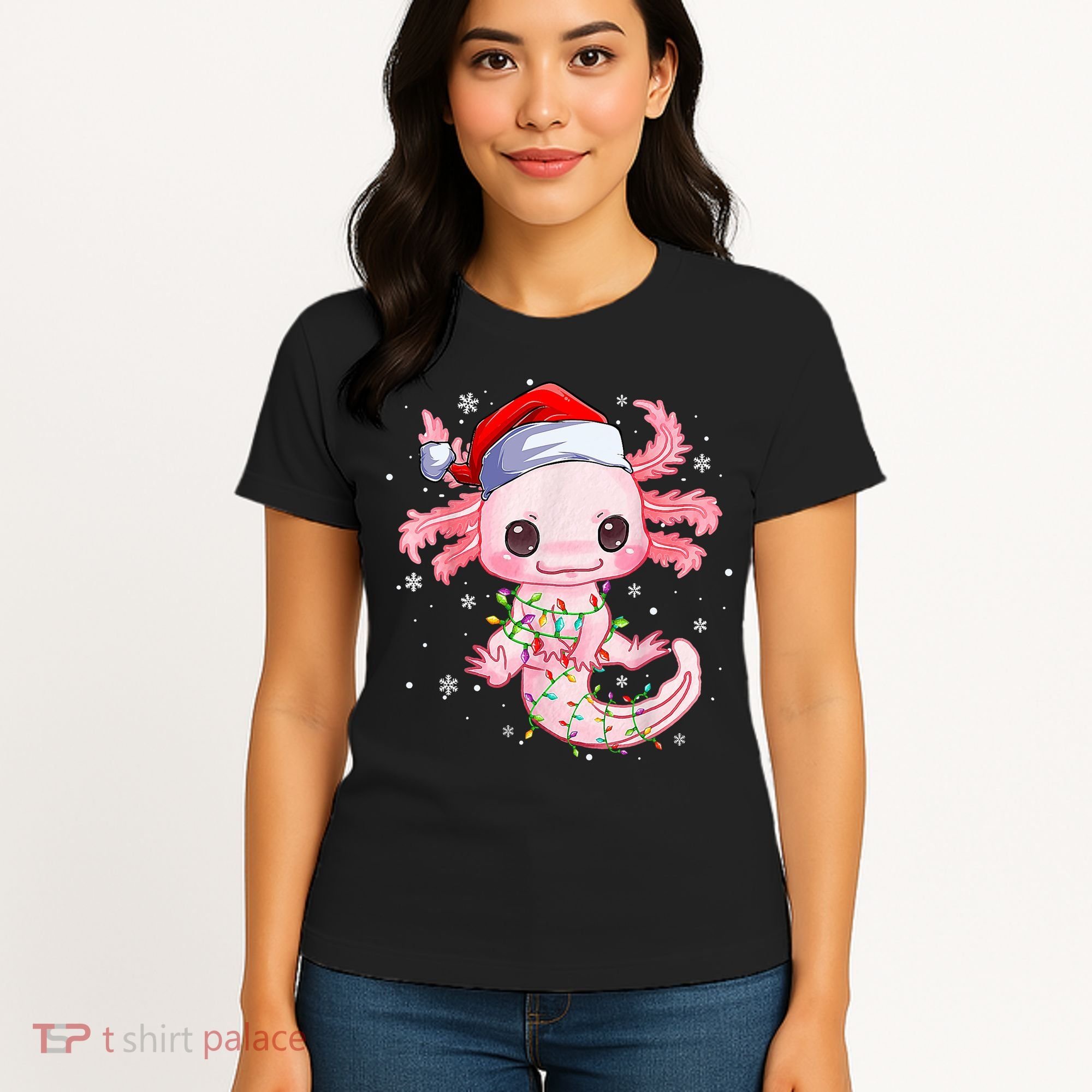 Christmas Axolotl Santa Hat Lights Japanese Cute Anime Xmas Women's T-Shirt