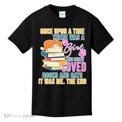 Cat And Books Girl Kids T-Shirt