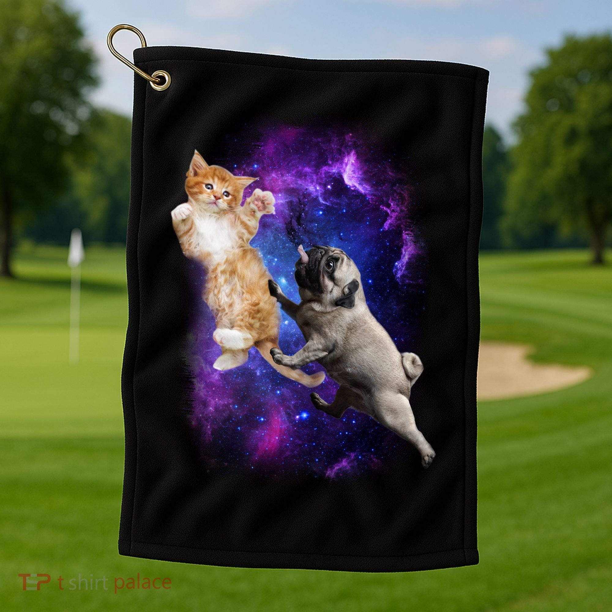 Cat And Pug In Space Golf Towel
