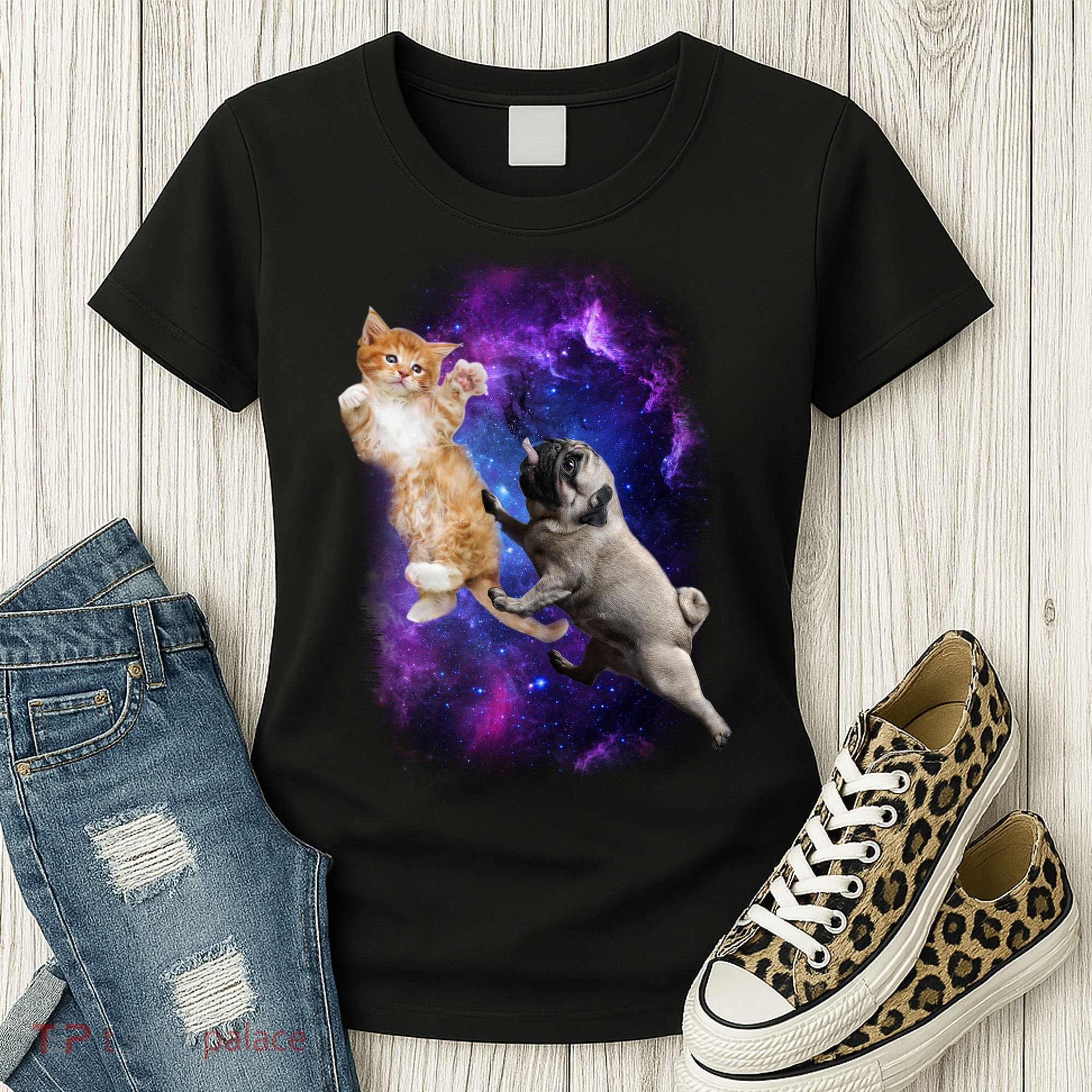 Cat And Pug In Space Women's T-Shirt
