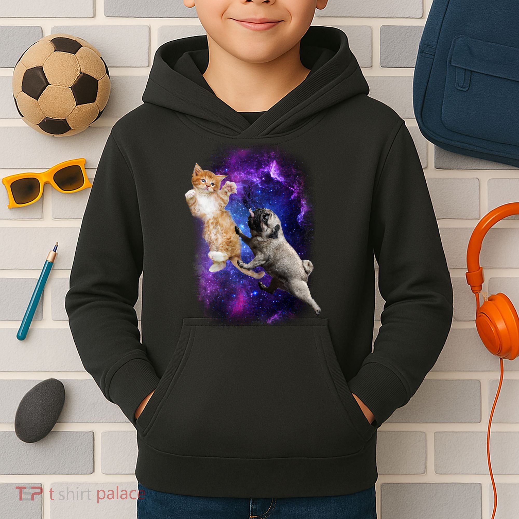 Cat And Pug In Space Kids Hoodie
