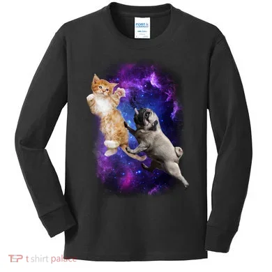 Cat And Pug In Space Kids Long Sleeve Shirt
