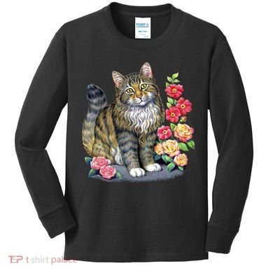 Cat and Roses Kids Long Sleeve Shirt
