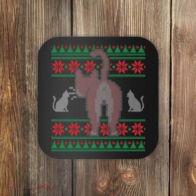 Cat Butt Ugly Christmas Sweater Design Coaster