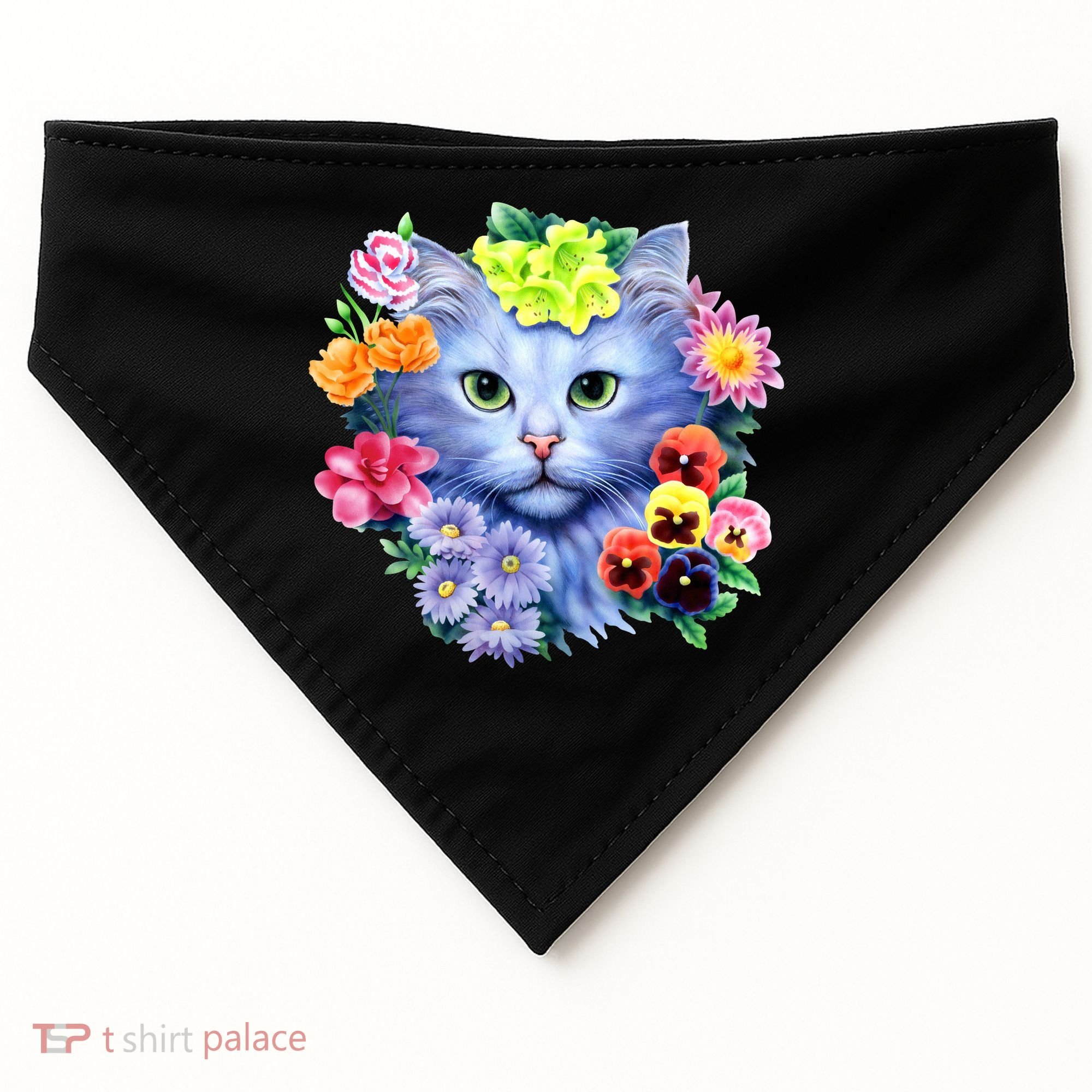 Cat Face With Flowers USA-Made Doggie Bandana