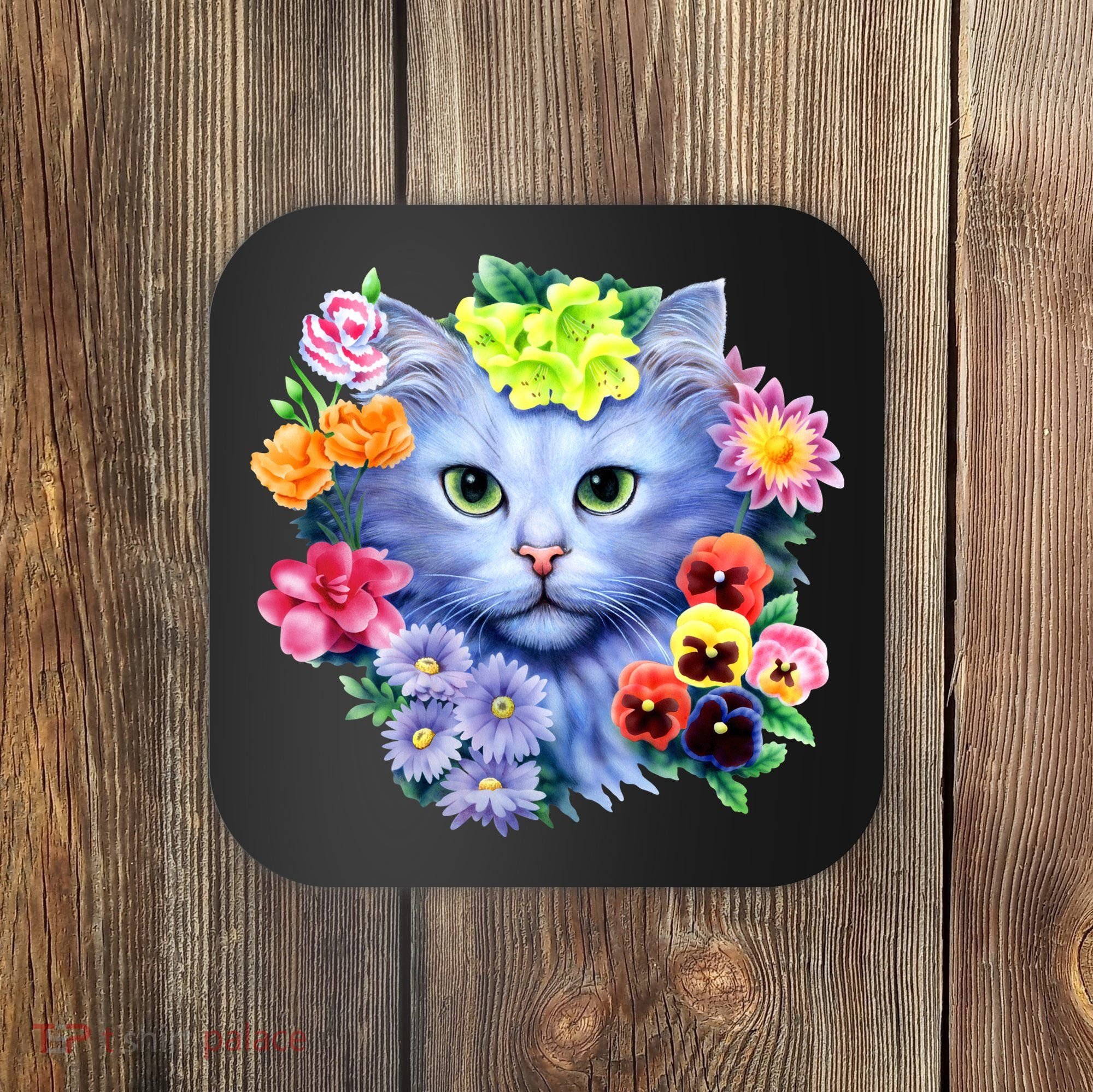 Cat Face With Flowers Coaster