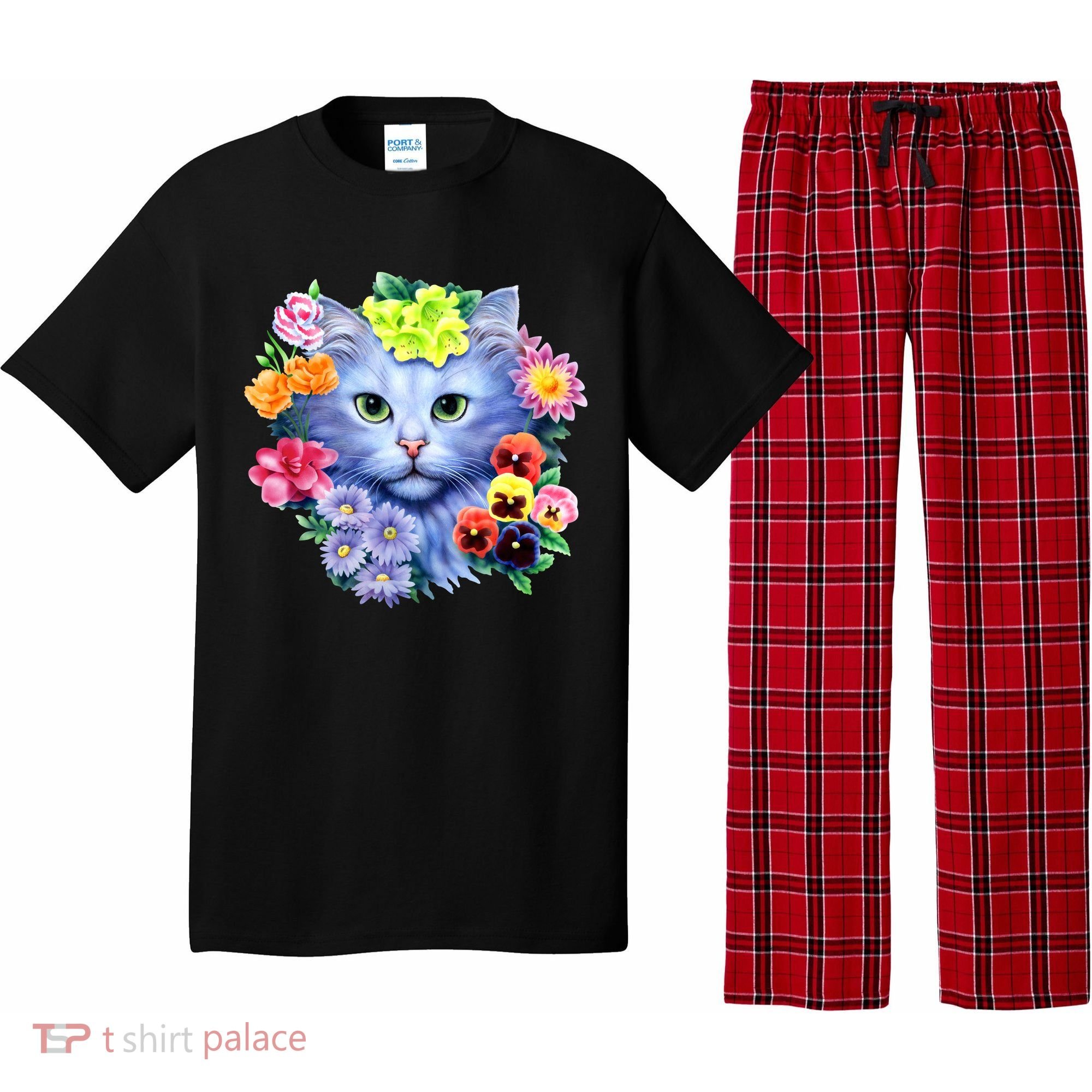 Cat Face With Flowers Pajama Set