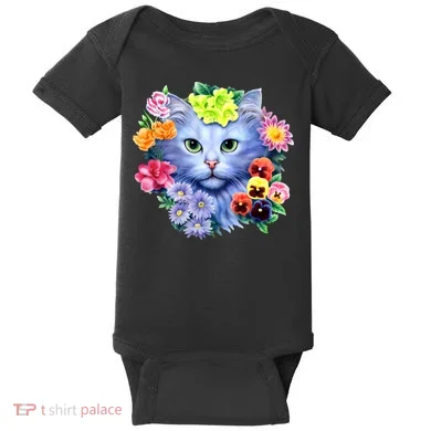 Cat Face With Flowers Baby Bodysuit
