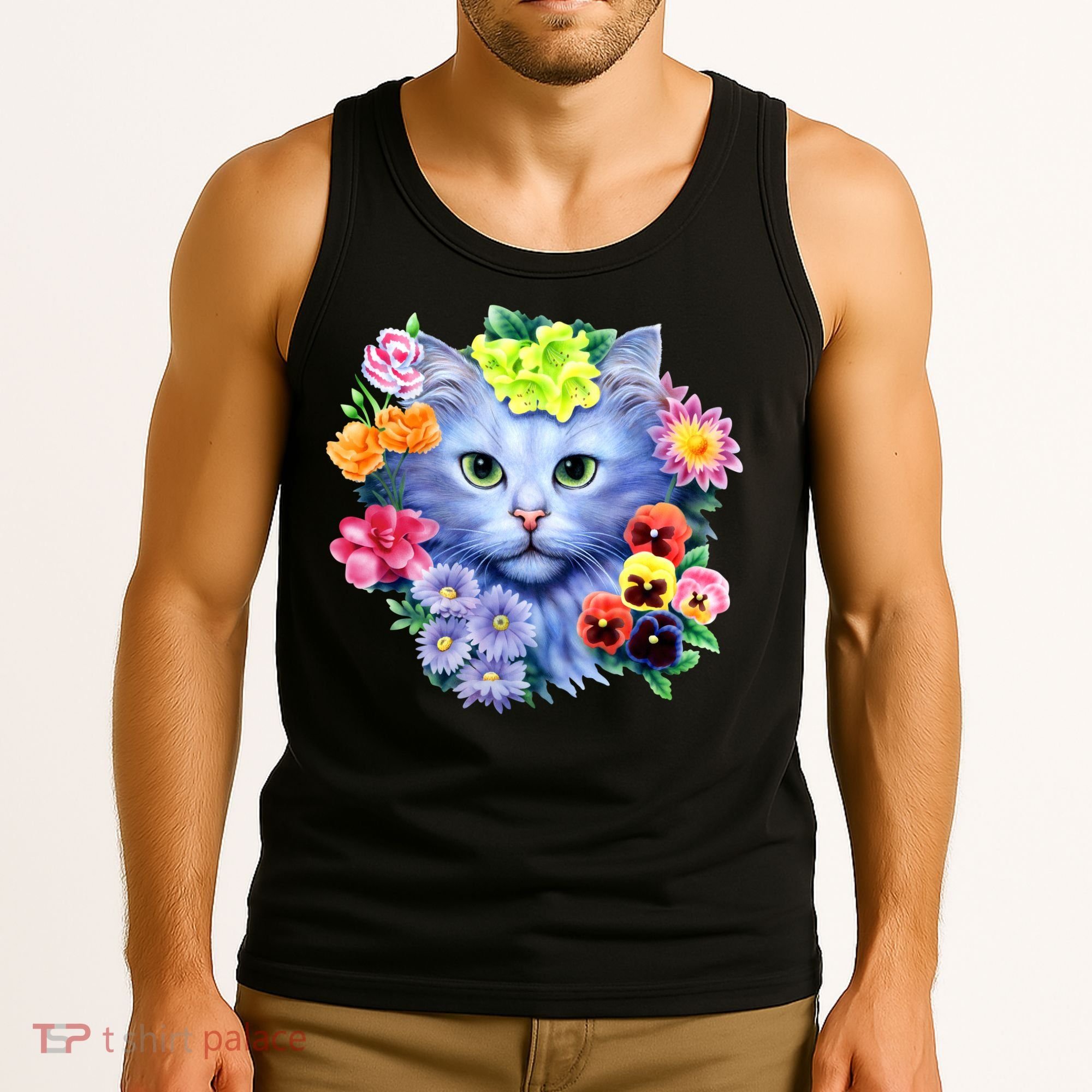 Cat Face With Flowers Tank Top