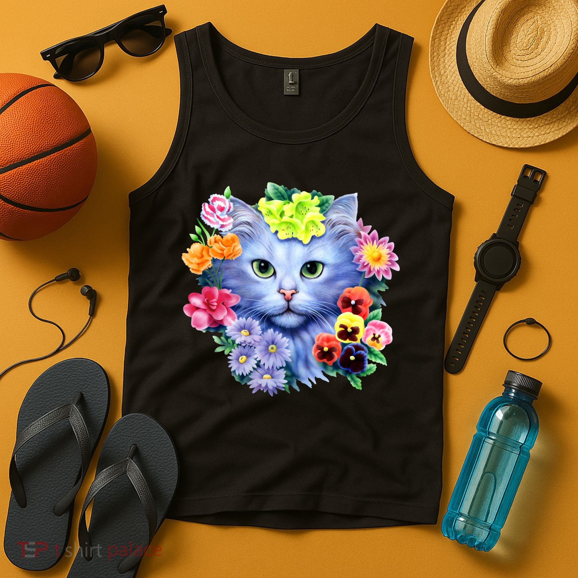 Cat Face With Flowers Tank Top